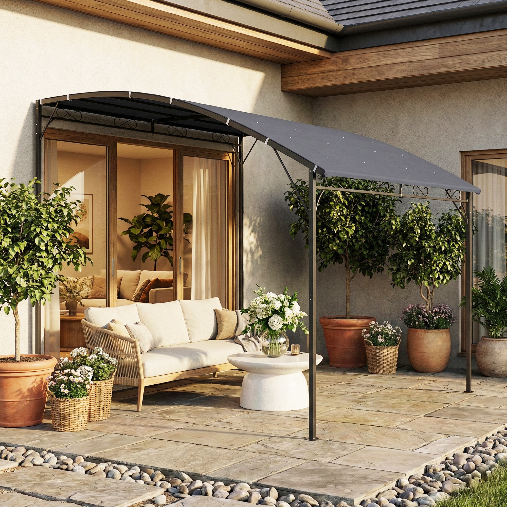 Anbaupavillon Pergola mit Metallgestell Dach, wetterfest wandmontiert Pavillon Vordach 2,86 x 3,84 x 2,52 m Grau