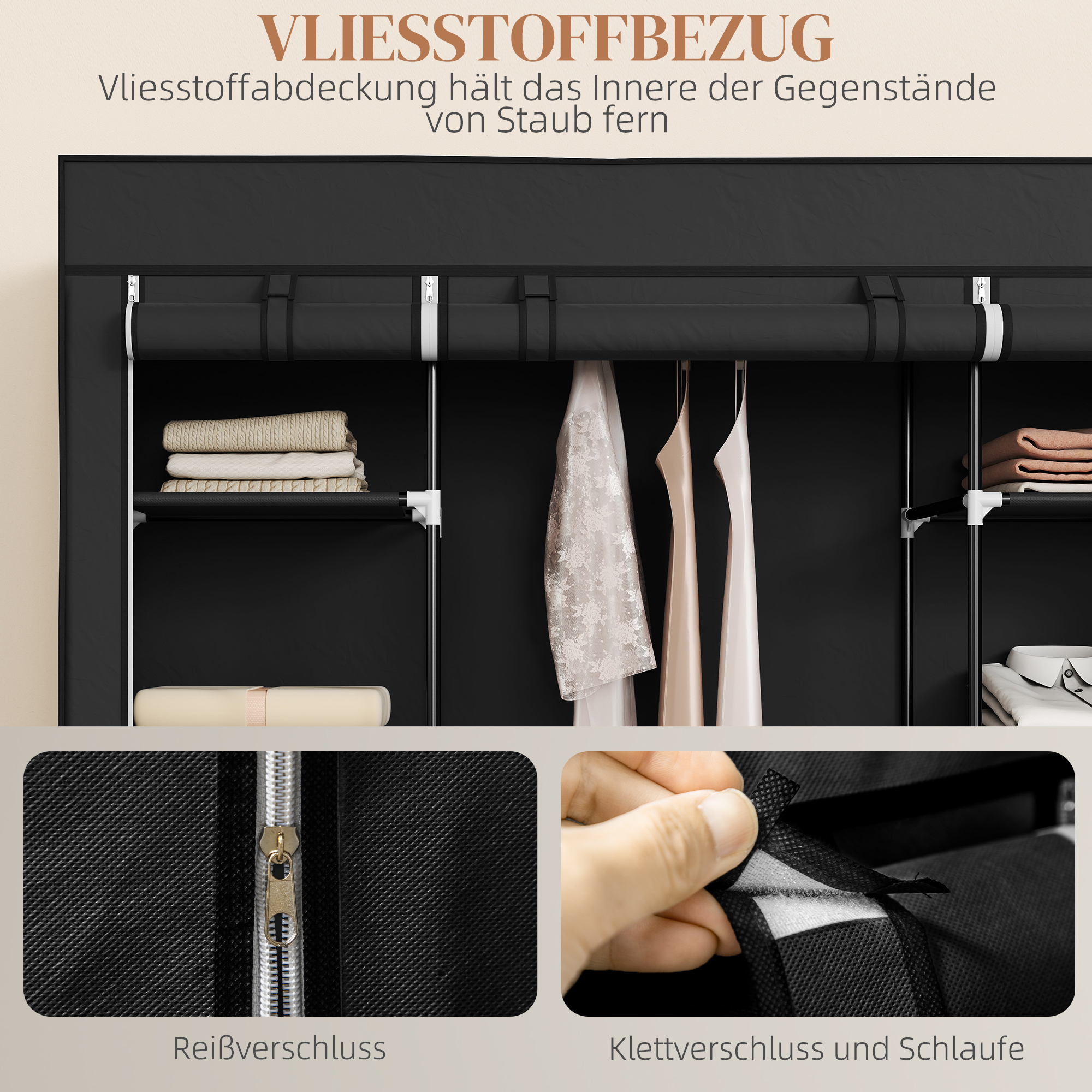 Stoffschrank aus Vlies, Faltschrank, 1 Kleiderstange, 9 Regale, 150 cm x 43 cm x 162,5 cm, Schwarz