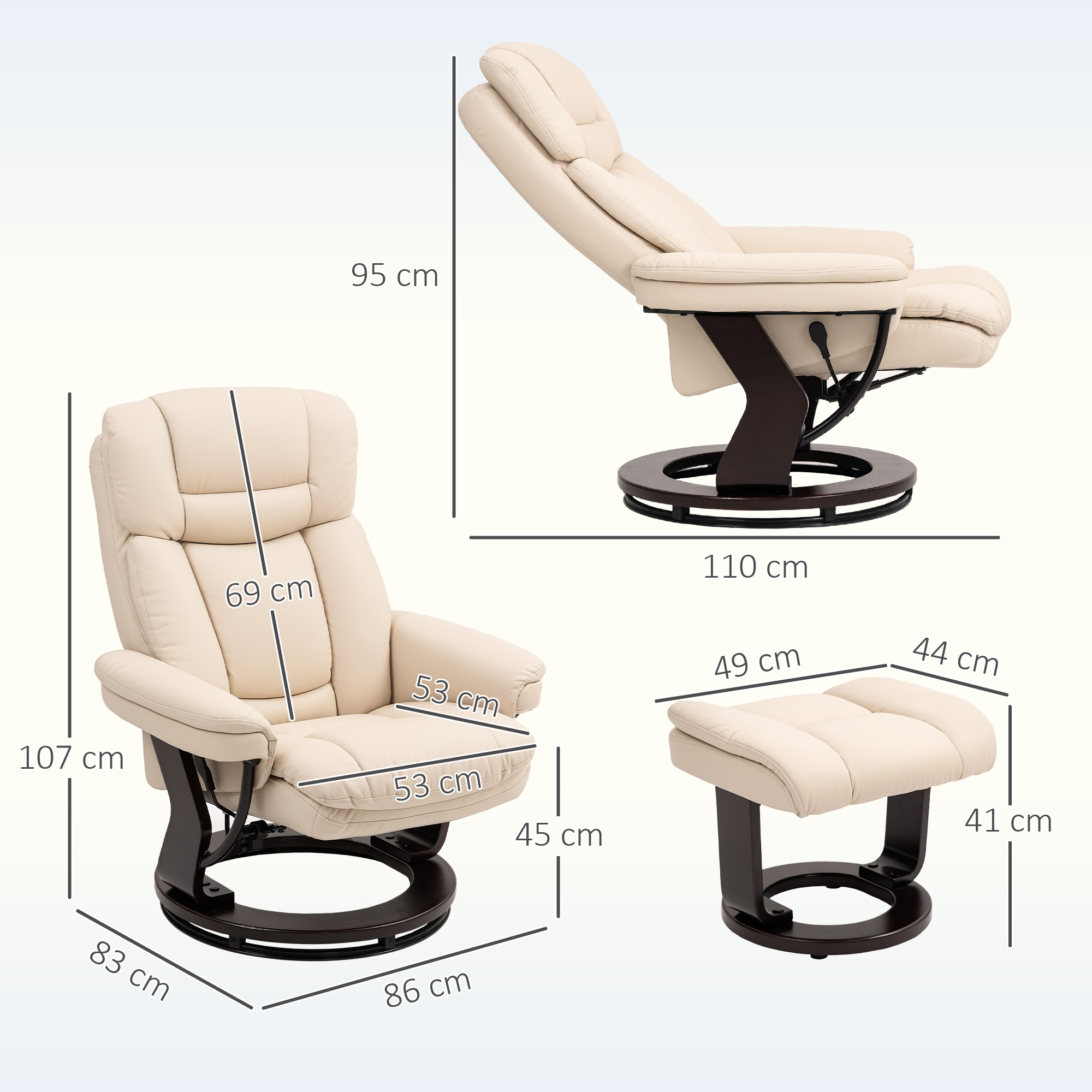 Relaxsessel mit Fußhocker, Verstellbarer Sessel, Kunstleder-Bezug, Polstersessel mit klappbarer Rückenlehne, Cremeweiß