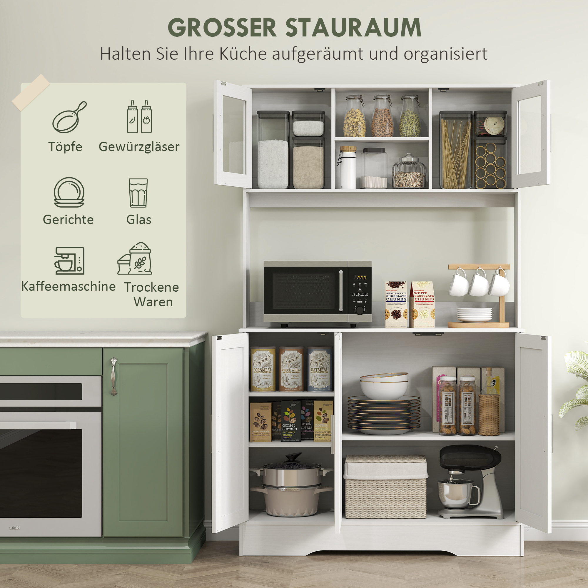 Küchenschrank, Skandinavisches Design, 4 Schränke, verstellbare Regale, Glastüren, offene Fläche, Spanplatte, MDF, Weiß