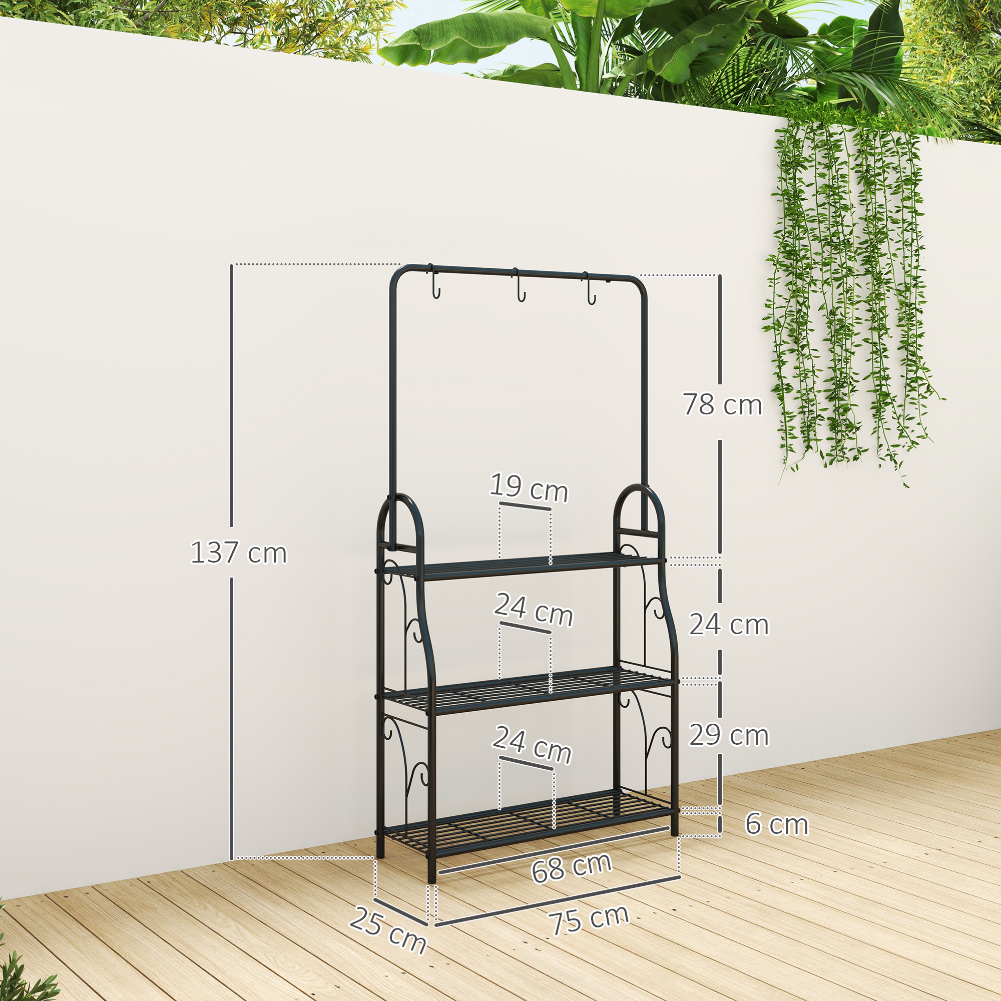 Blumenregal, 3-stufiges Pflanzenregal mit Hängehaken, Metallregal für Blumentöpfe, Indoor- und Outdoor-tauglich, Schwarz