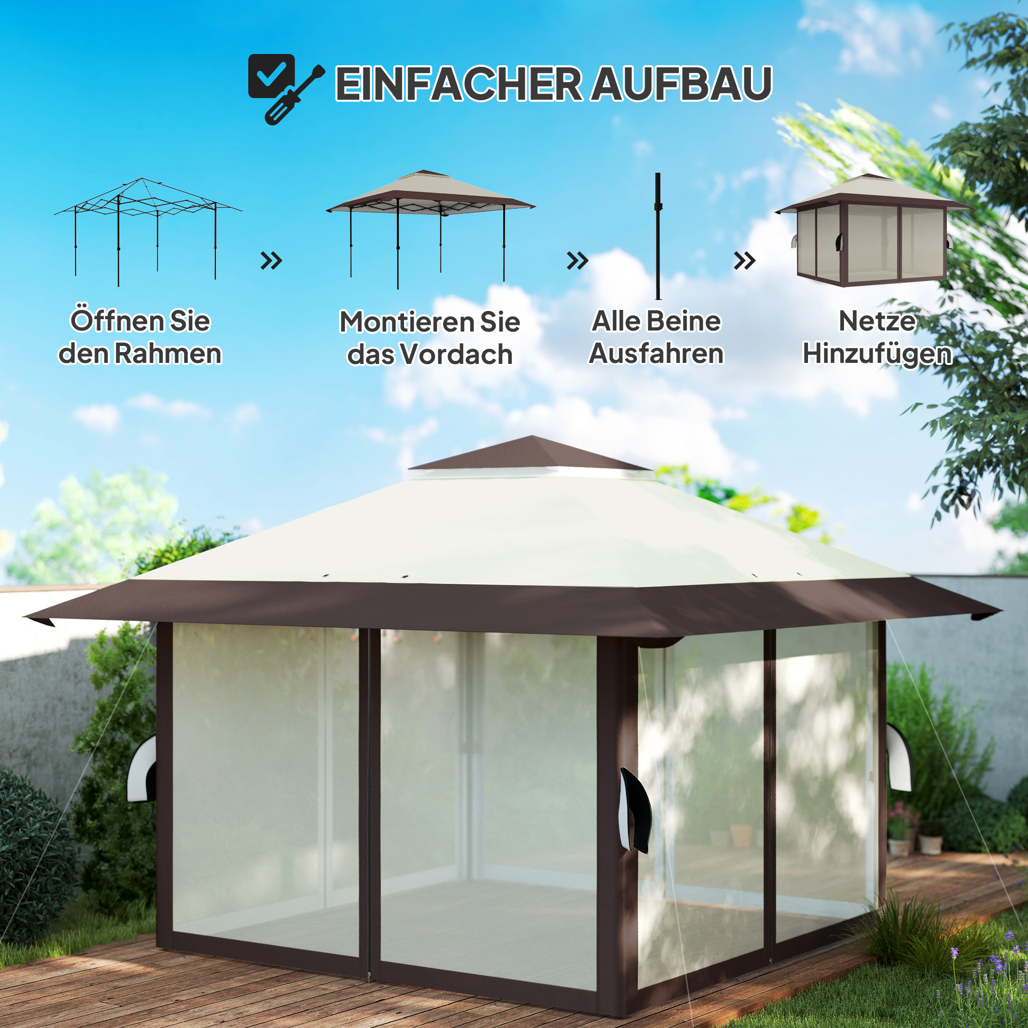 4 x 4 m Garten-Pavillon, Gartenzelt mit Netzwänden, UPF50+ Schutz, Höhenverstellbares Partyzelt, Beige