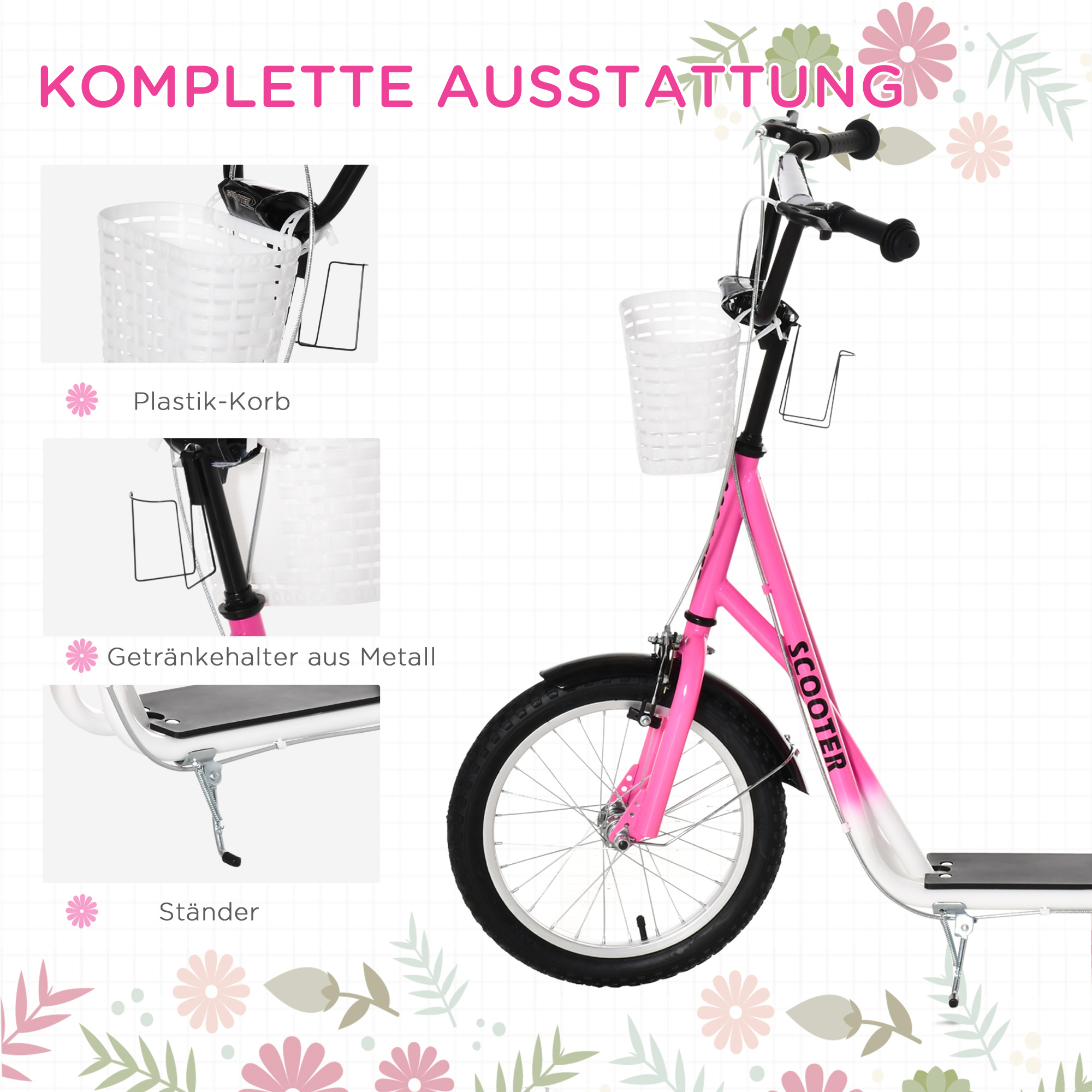 Kinderroller Tretroller mit Bremse, inkl. Korb, höhenverstellbar, für Kinder von 5 bis 12 Jahren, Weiß + Pink