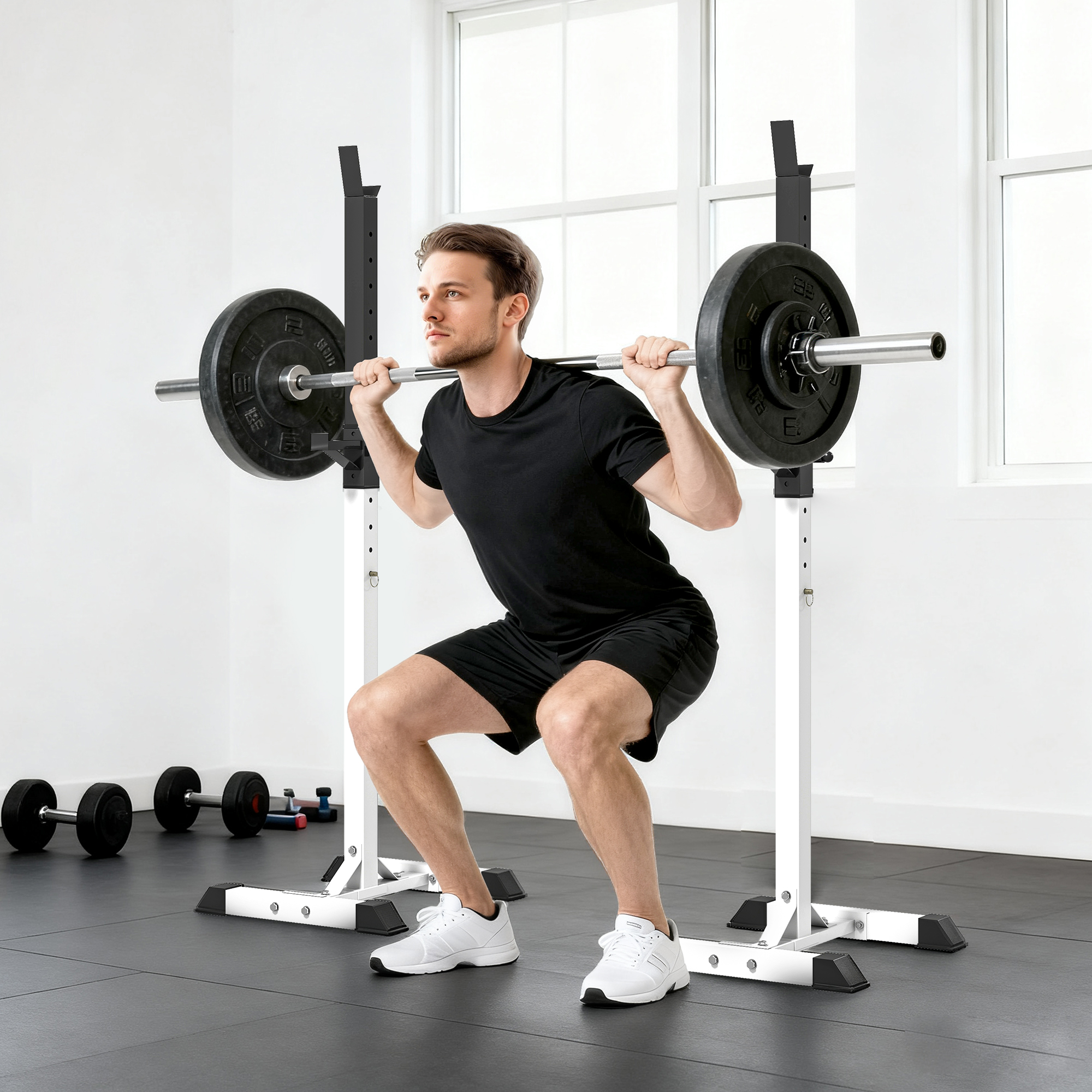 Hantelständer, 2er-Set, bis 150 kg belastbar, höhenverstellbar, Stahl, weiß+schwarz, 52 x 48 x 160 cm