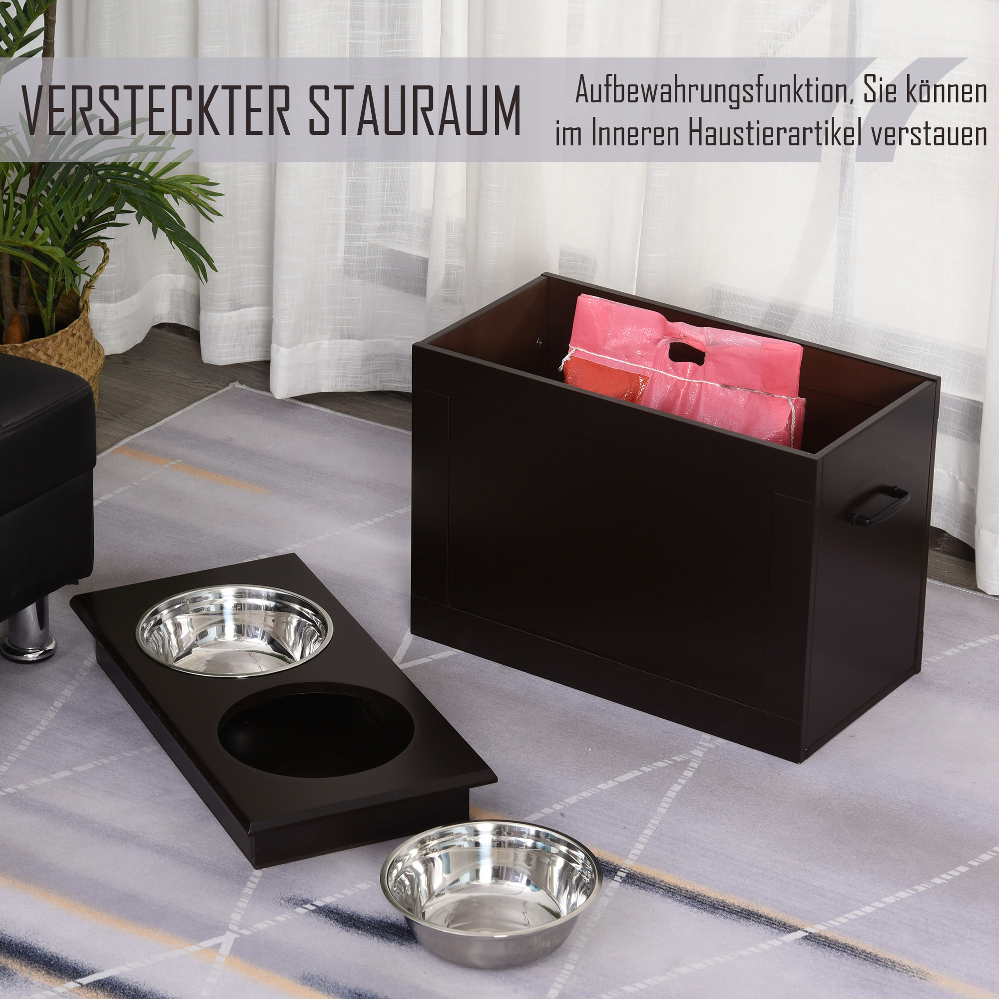 Futterstation, 2 Fressnäpfe aus Edelstahl, versteckter Stauraum, 60 cm x 30 cm x 41 cm, Schwarz + Silber
