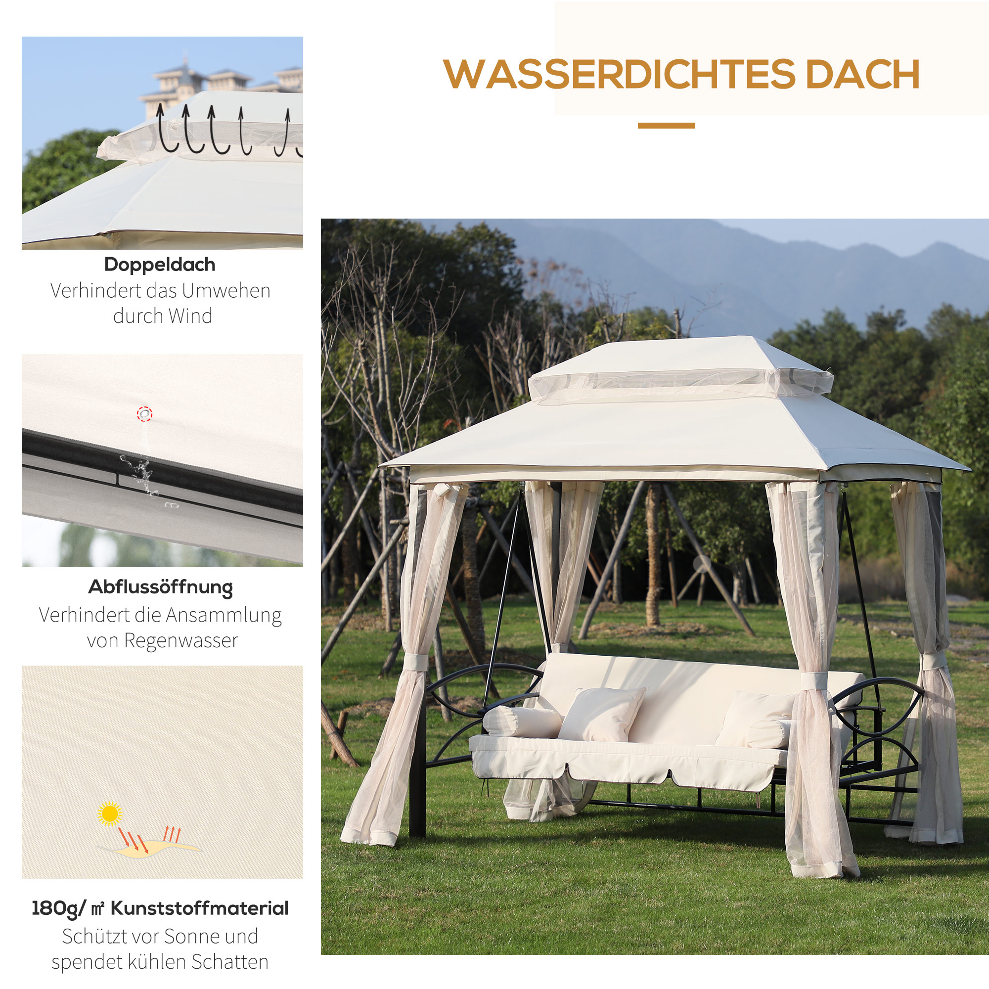 Hollywoodschaukel Gartenschaukel Schaukel mit Seitenwänden 3-Sitzer Beige 256 x 172 x 248 cm