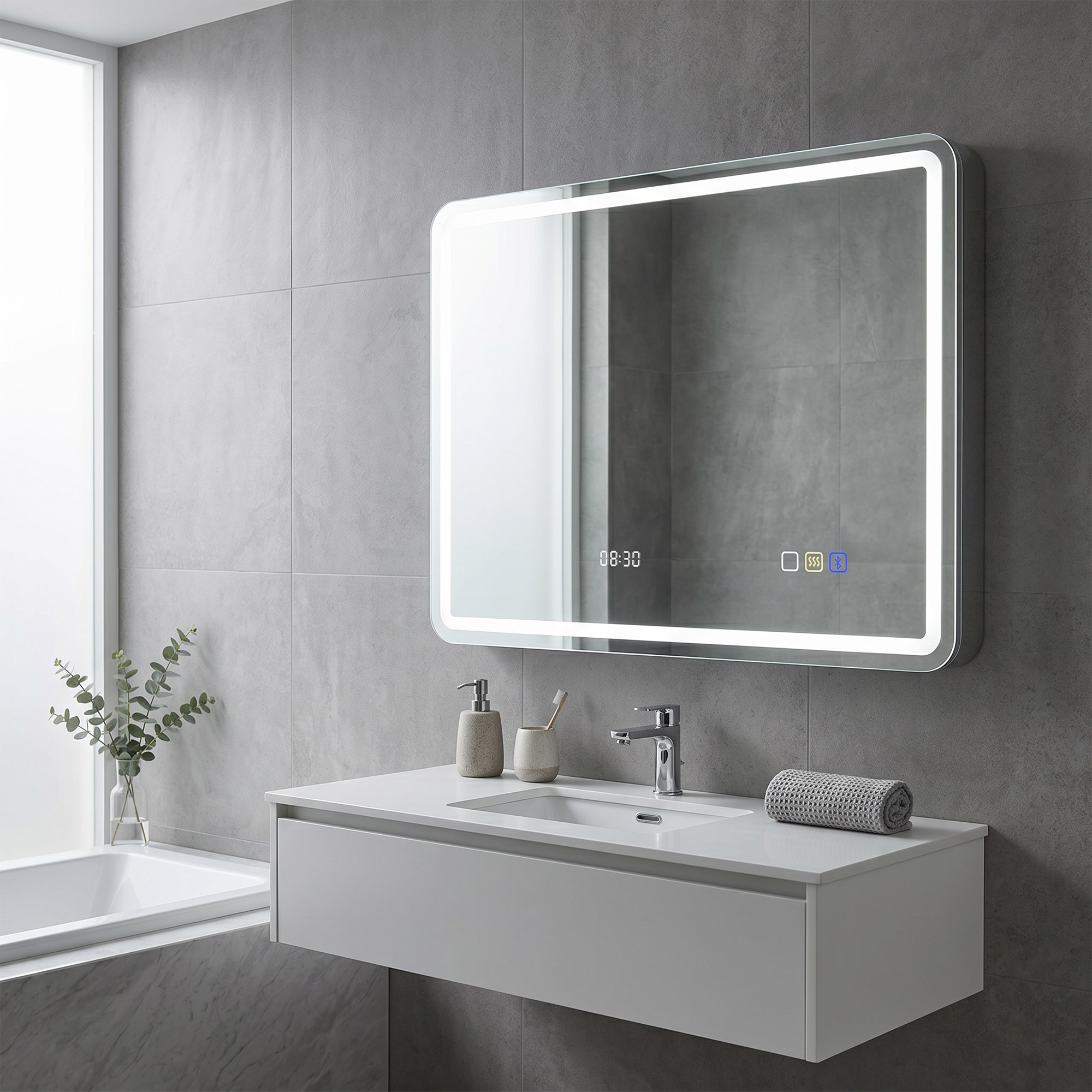 Badezimmerspiegel mit LED-Beleuchtung, Anti-Beschlags-Pad, 3 verstellbare Farben, Uhr, 600 x 800 mm, Silberfarben