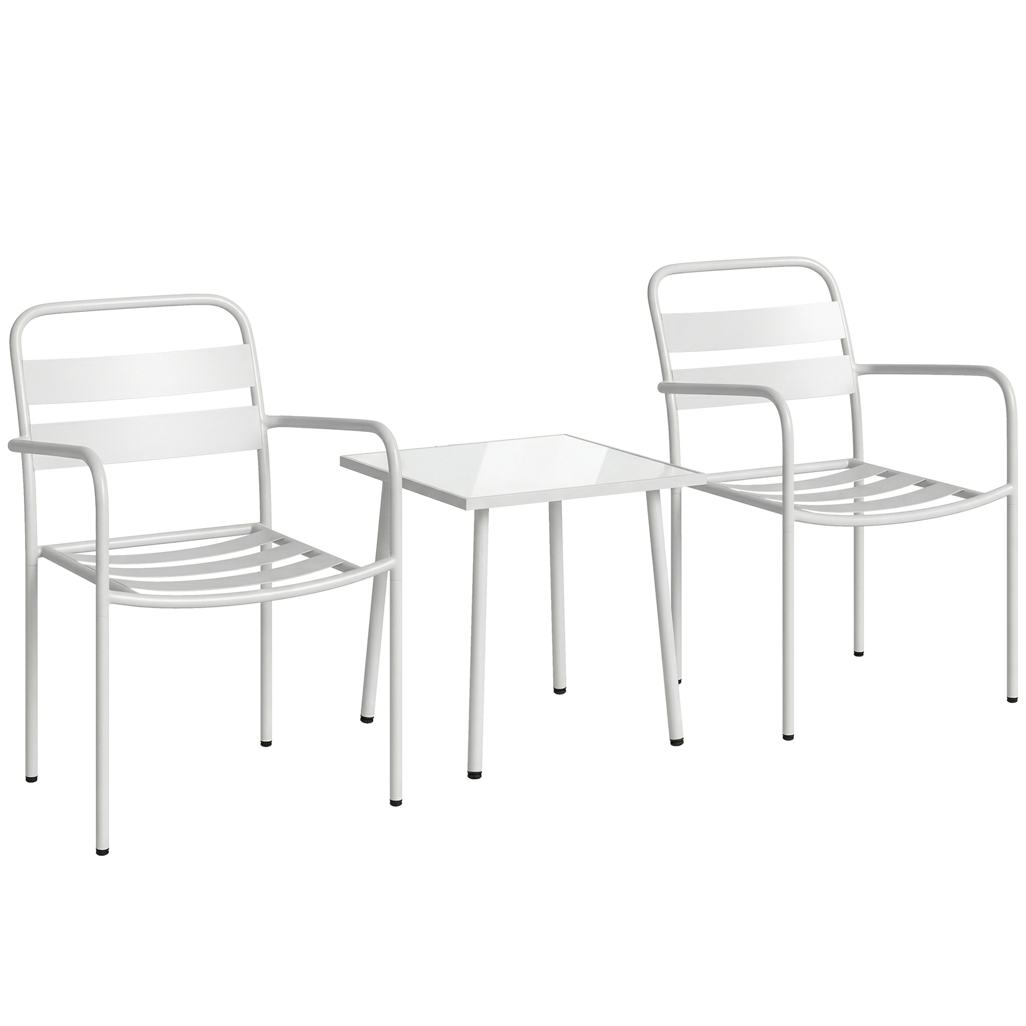 Bistroset 3 teiliges Metall Gartenmöbel-Set mit 2 Gartenstühlen, Glastisch, Lamellen-Design, Rostbeständig