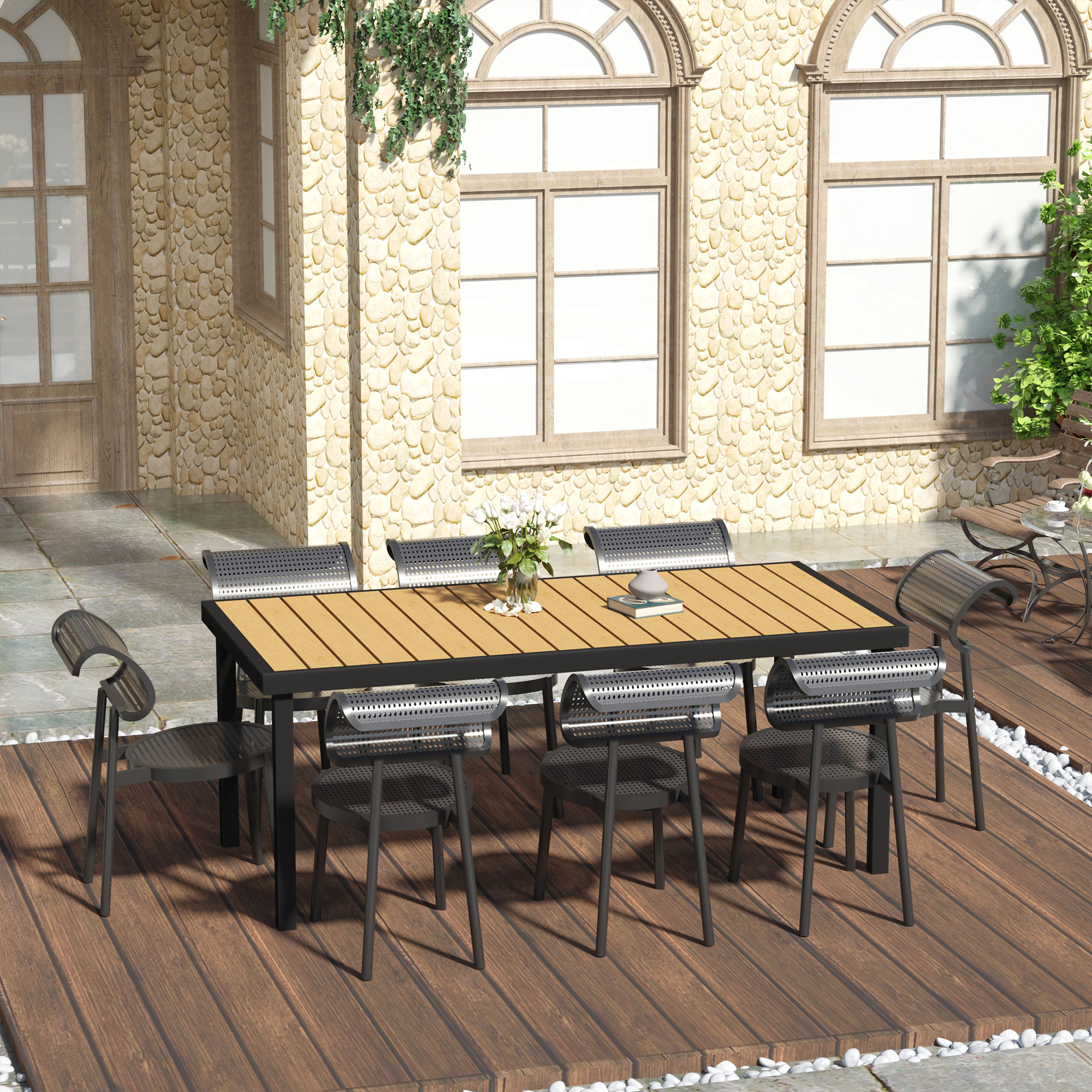 Gartentisch für 8 Personen Esstisch Aluminiumtisch Gartenmöbel Loungemöbel pflegeleicht Kunststoff Natur+Schwarz 190 x 90 x 74 cm