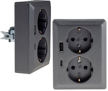 MILOS Schutzkontakt-Steckdose 2-fach / 250V~/ 16A, 1x UP, USB A+C/PD, anthrazit