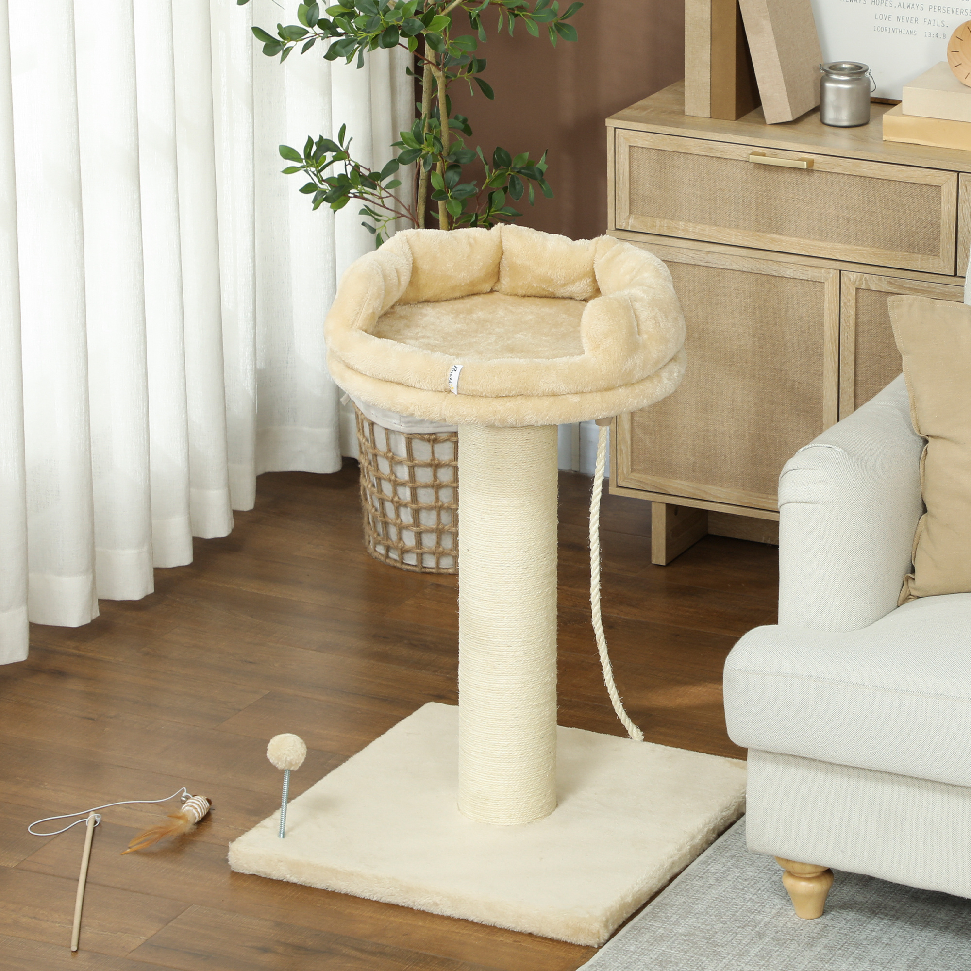 Kratzbaum Katzenbaum Katzenbett, 1 Katzenbett, inkl. Katzenspielzeug, 55 cm x 55 cm x 83 cm, Beige