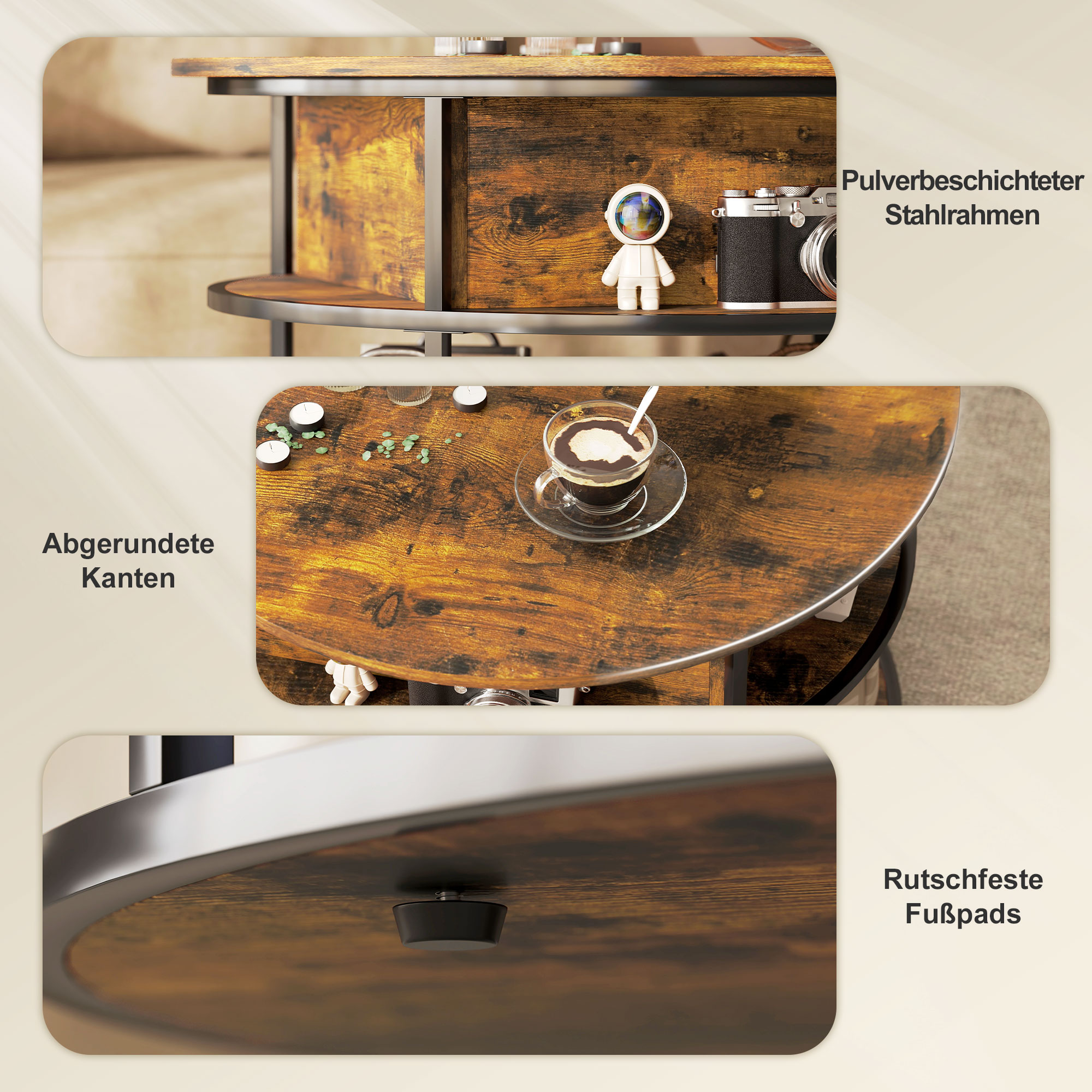 Runder Kaffeetisch mit anhebbarer Tischplatte, Stauraum, seitliche Regale, Stahlrahmen, Couchtisch, Braun