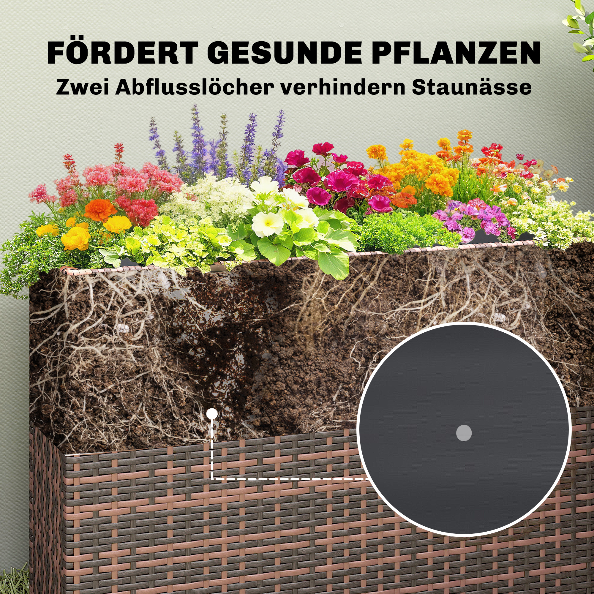 Hochbeet mit verstellbaren Füßen, Rattan Pflanzgefäß mit herausnehmbarem Einsatz für Terrasse und Balkon, Braun