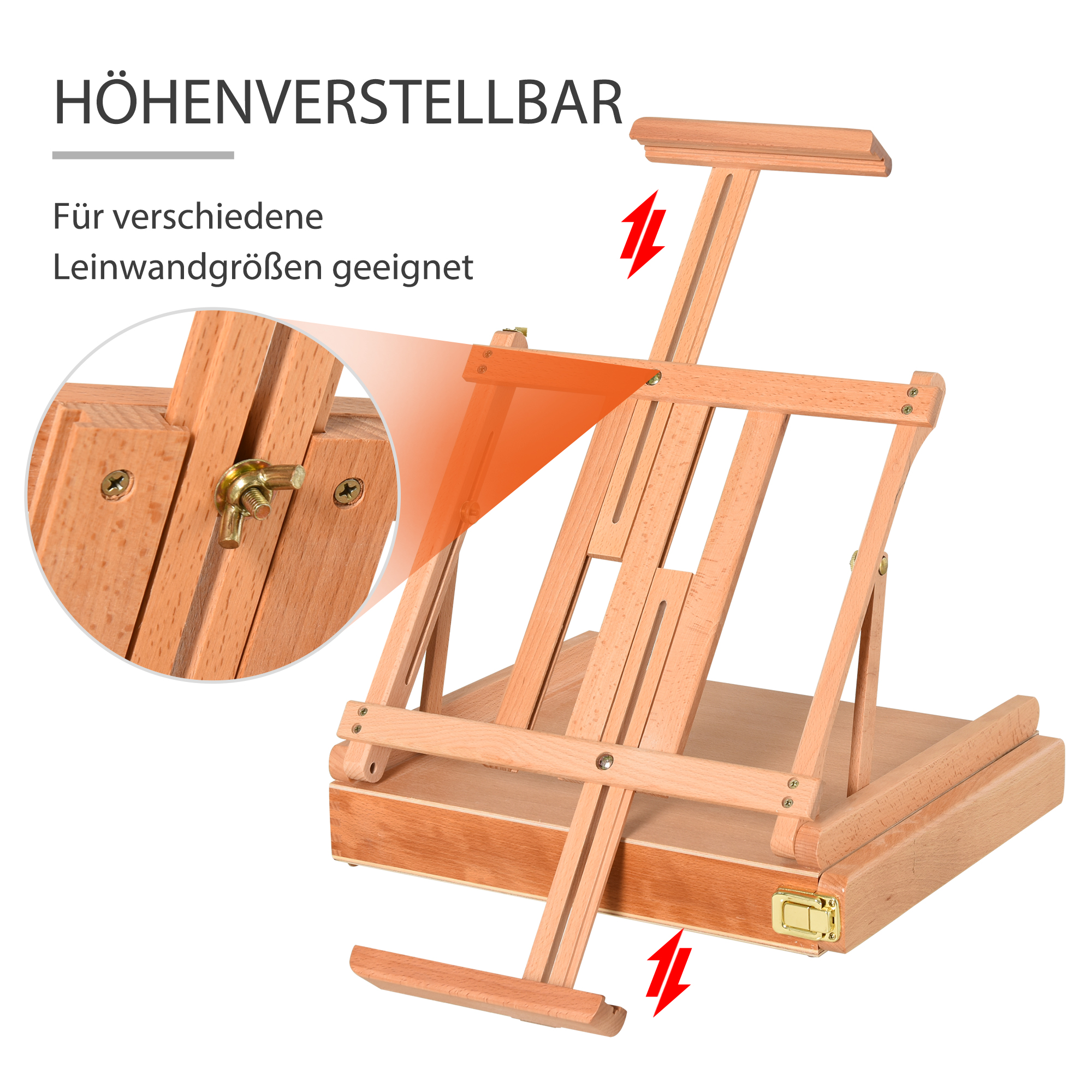 Tischstaffelei Winkelverstellbare Staffelei mit Griff Kofferstaffelei zum Malen & Zeichnen Faltbare Atelierstaffelei mit Schublade Buchenholz Natur