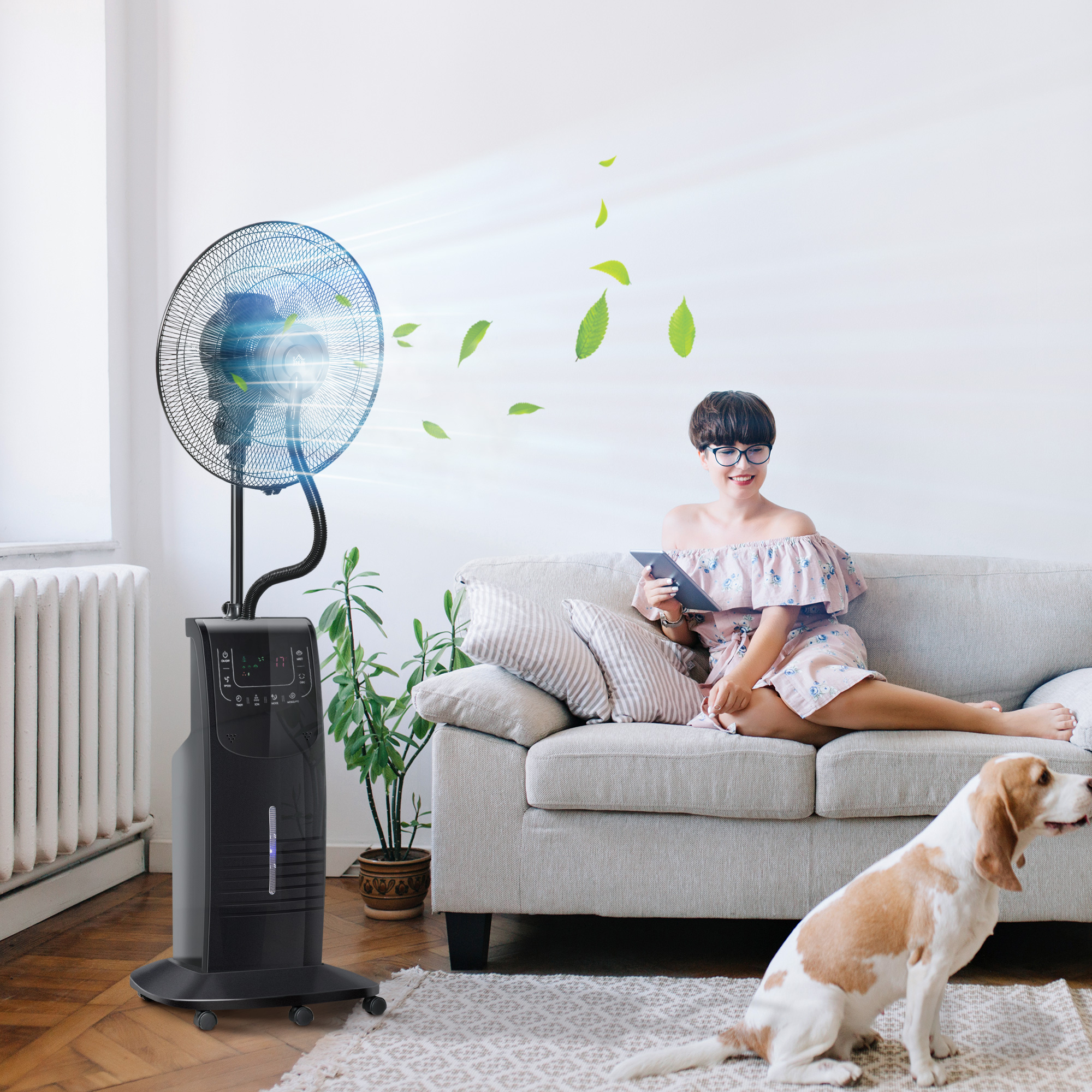Ventilator mit Wasserkühlung, Standventilator mit Sprühnebel, Fernbedienung, oszillierend, Timer, 3,1 L Wassertank, 3 Modi, 90 W Wasserventilator mit Rollen, 135 cm