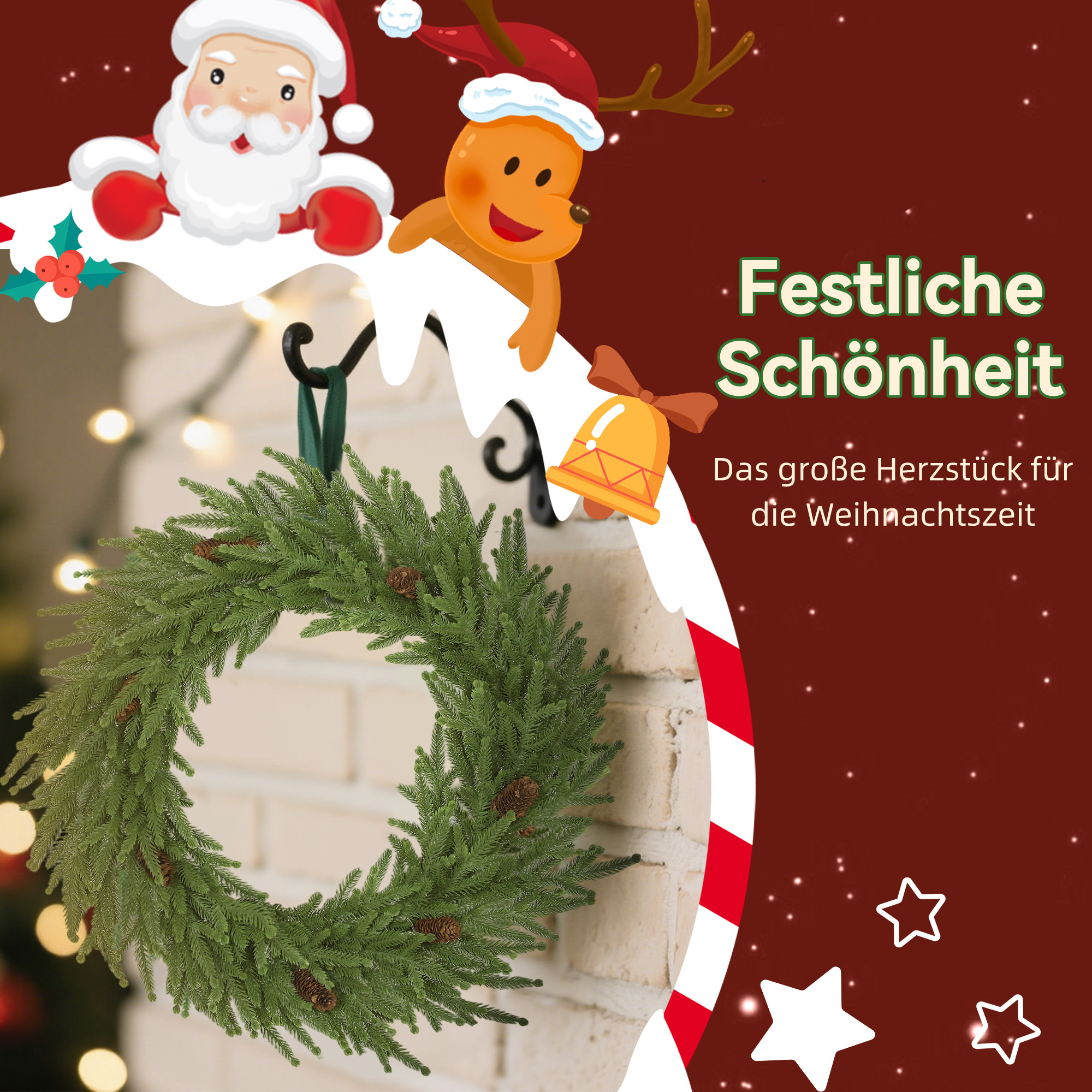 Weihnachtskranz mit Zapfen, Türkranz Künstlicher Weihnachtskranz für Tür Grün, Ø60 x 15 cm