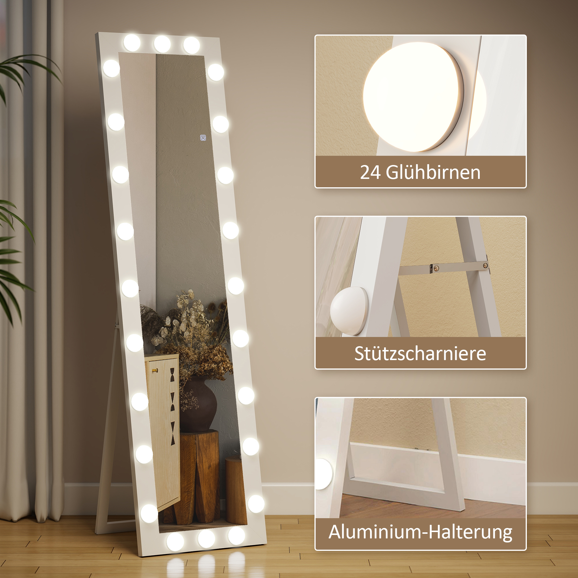 Ganzkörperspiegel 150x40 cm LED Spiegel mit 24 Glühbirnen 3 Lichtfarbe, freistehend oder anlehnbar Weiß