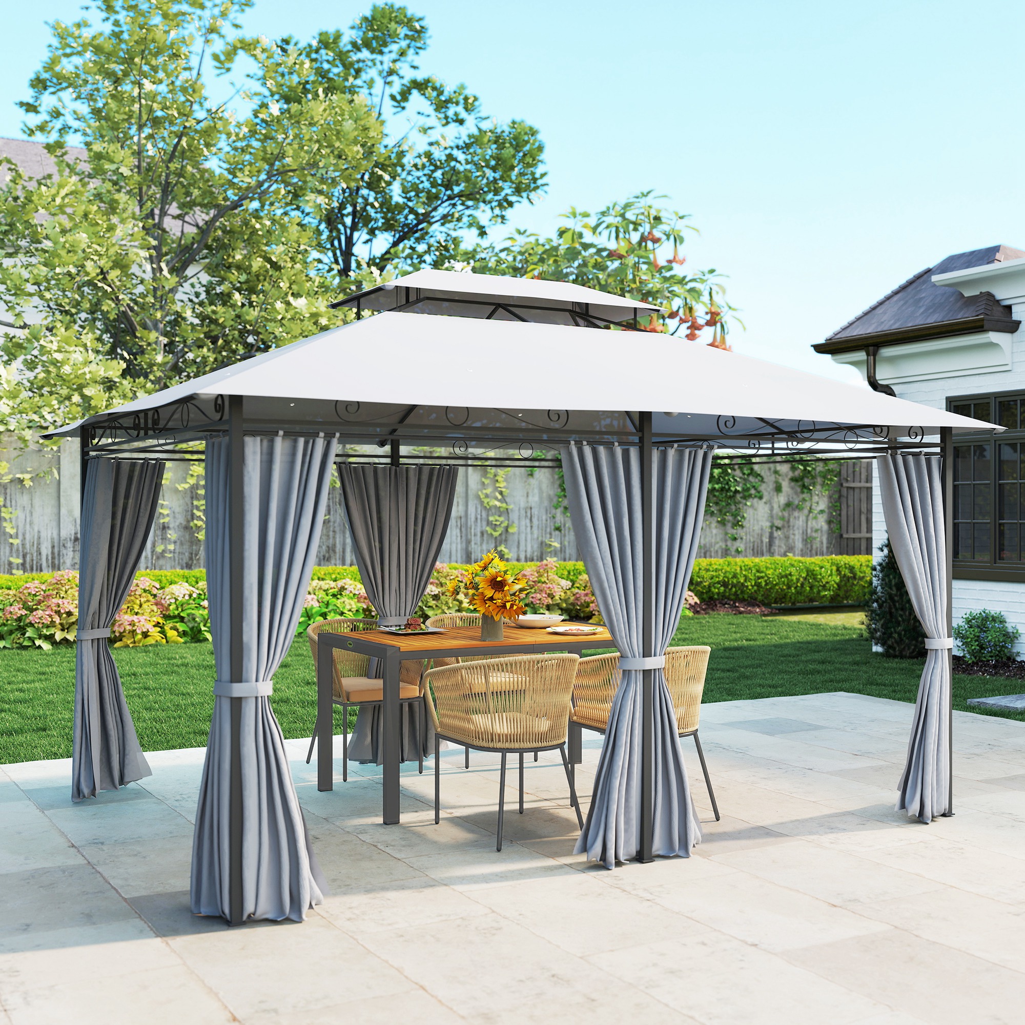 Gartenpavillon, Outdoor Pavillon mit Vorhängen, belüftetem Dach, Dunkelgrau