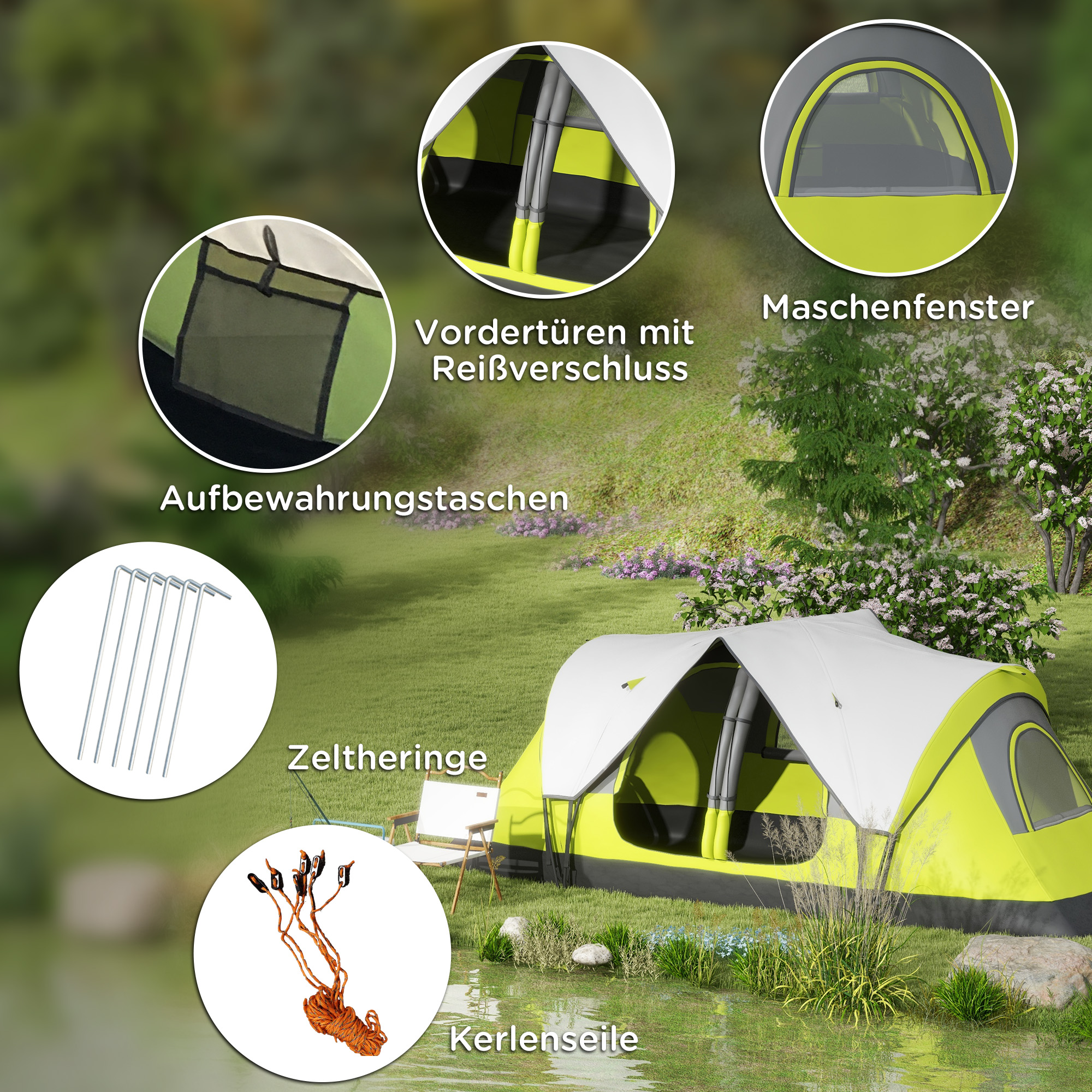 Campingzelt, 2 Räume, Trennwand, für 6-8 Personen, Regenschutz, Dunkelgrün