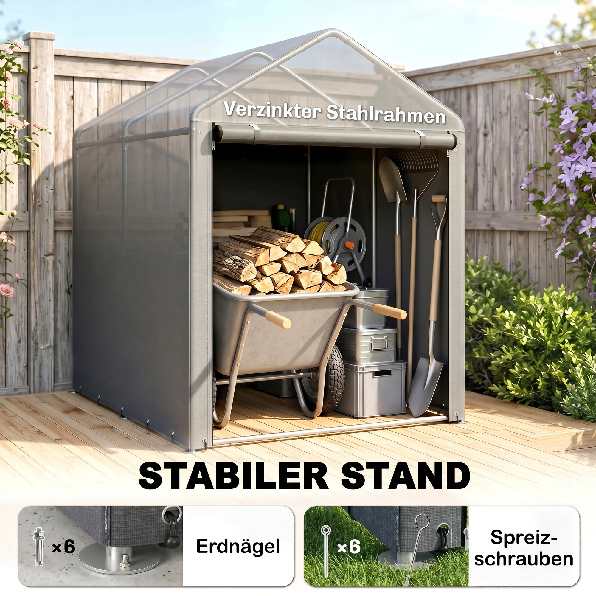 Gartenschuppen, Lagerzelt, robust & wetterfest, Stahlrahmen, 1,2x1,8x1,6m, Hellgrau