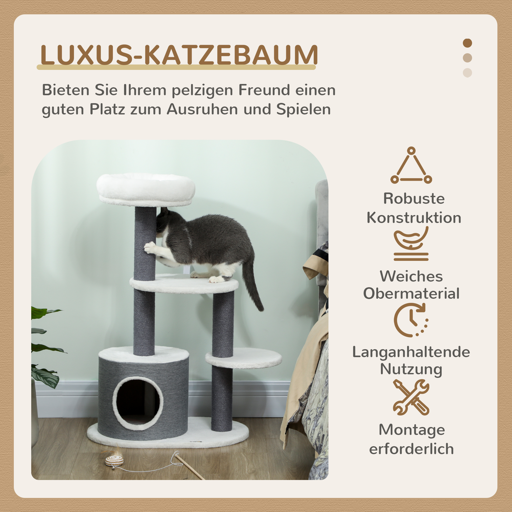 Kratzbaum mit 1 Katzenhöhle, 1 Katzenbett, 2 Plattformen, Jute-Seilspfosten, Weiß + Grau
