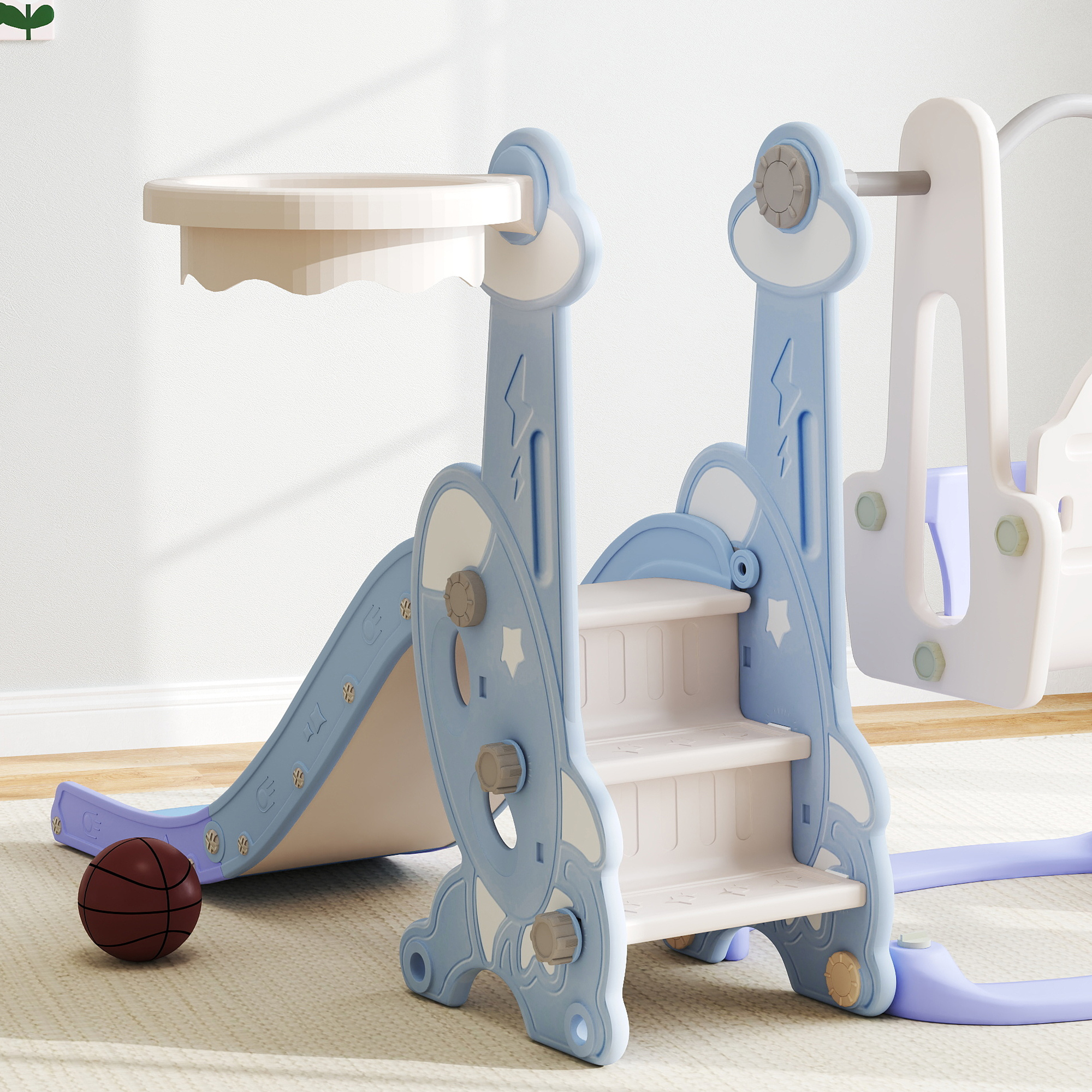 4-in-1 Indoor-Spielplatz, Rutsch- und Schaukelset für Kleinkinder, Basketballkorb, Raketendesign, Kunststoff, Hellblau
