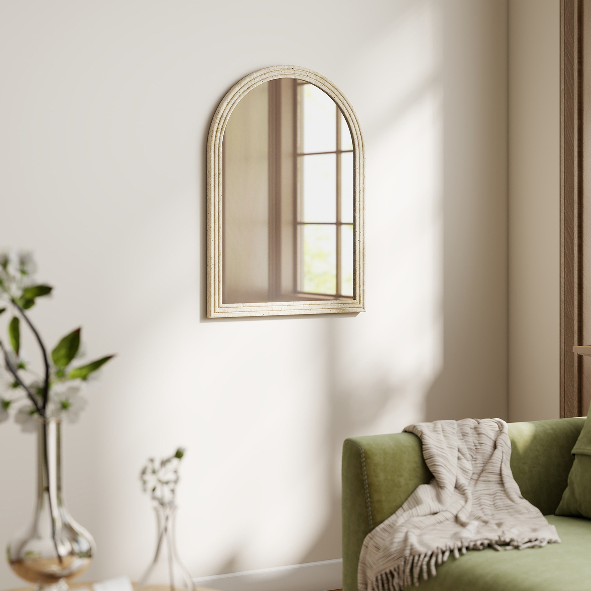Wandspiegel Bogenförmig Spiegel mit Rahmen aus Polystyrol Dekorativer Hängespiegel 50 x 70 cm Beige