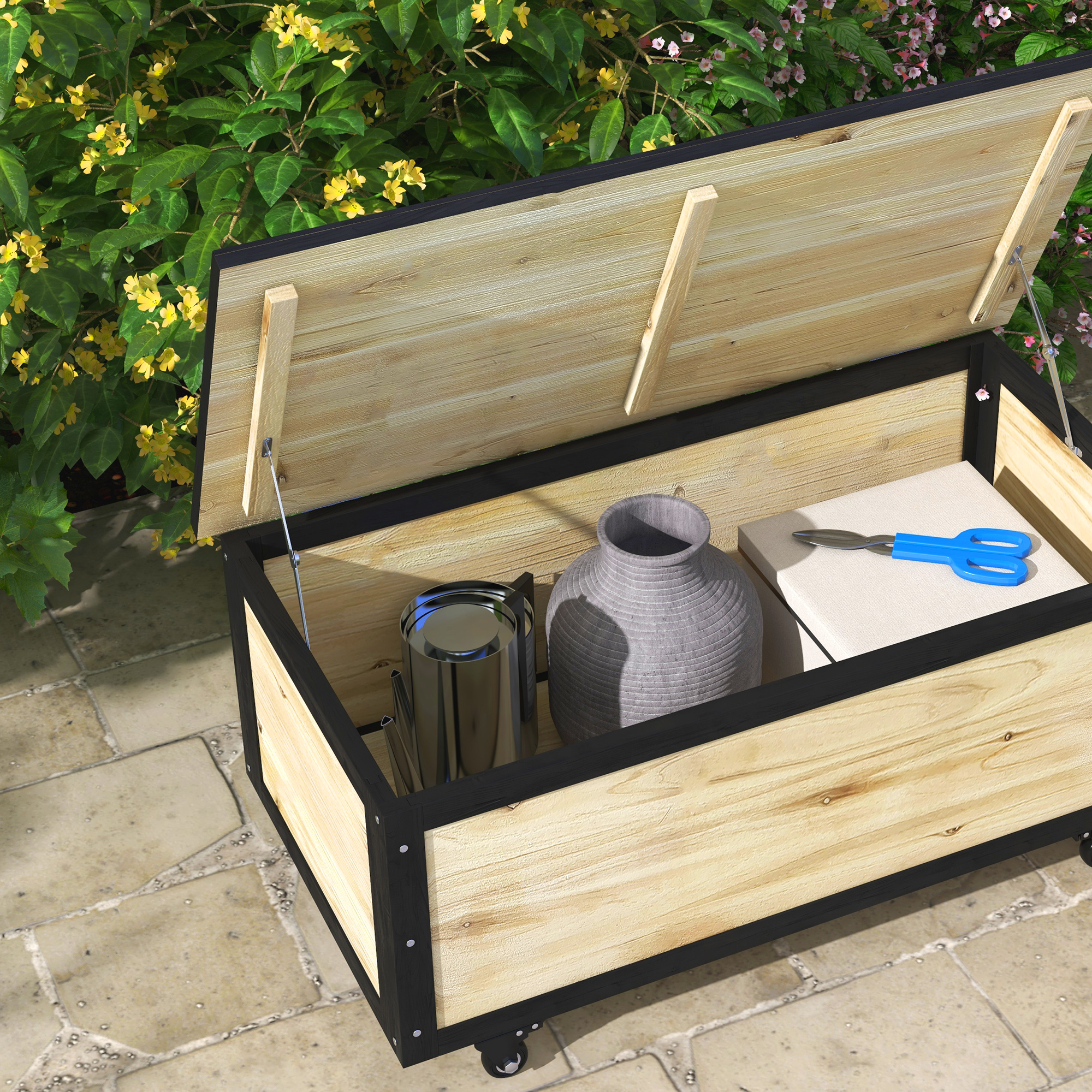 Garten-Aufbewahrungsbox, 121 Liter, 2 Räder, wetterfest, Metallscharniere, Naturholz, 100x50x43 cm