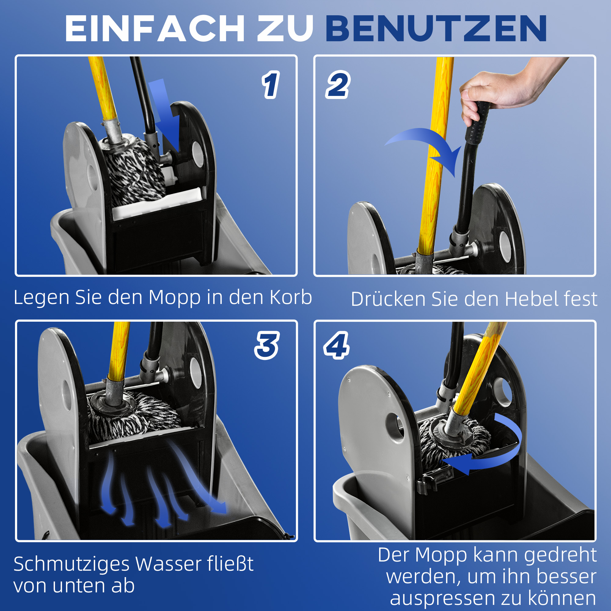 Wischwagen mit Mopp-Presse, 36L, Wassertrennwand, 4 Rollen, Schwarz/Grau