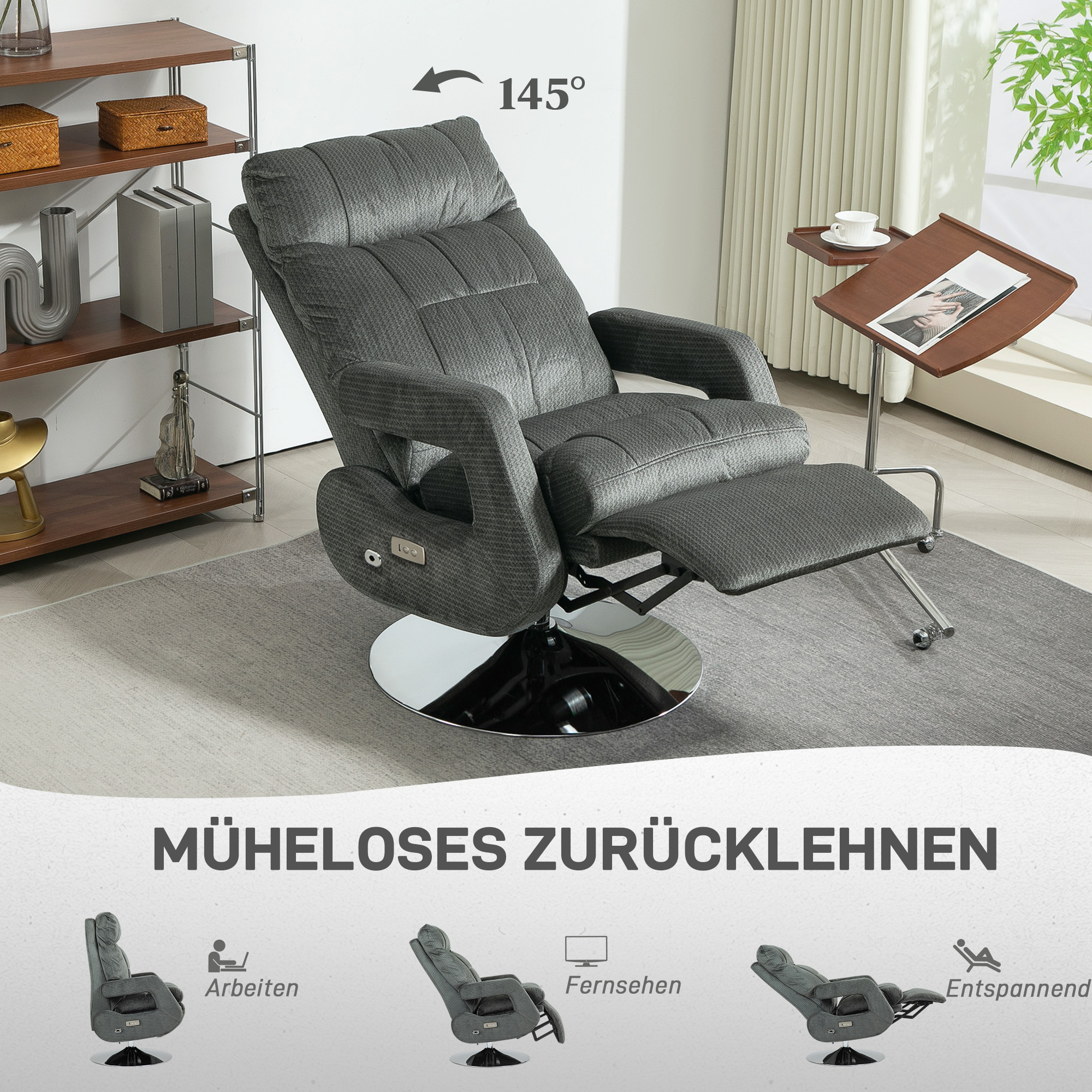 Recliner-Sessel, Elektrischer Polstersessel mit USB-Anschluss und Fußstütze, Samtoptik, drehbar, verstellbar, Grau