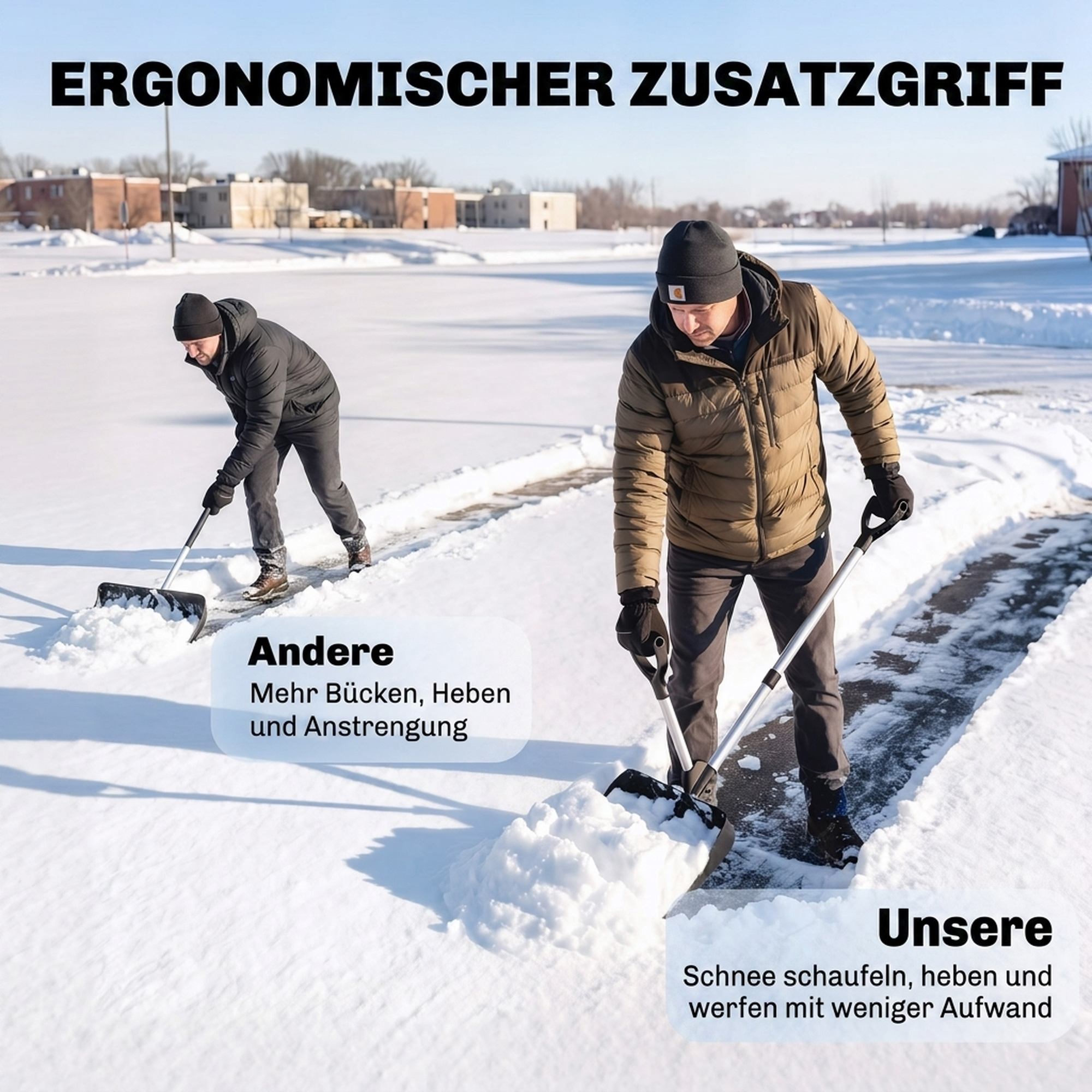 Schneeschieber 45 cm breit Kusnstoff Schneeschaufel mit Ergonomischer Zusatzgriff, Schneeräumer mit Alustiel Metallkante