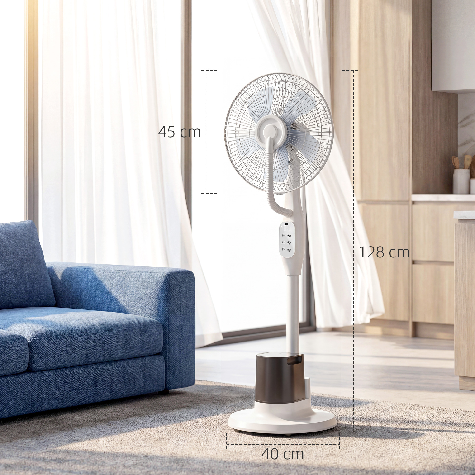 Stehventilator mit Sprühnebel, 70° Oszillation, 3 Geschwindigkeiten, 3 Modi, 3,5L Wassertank, Weiß