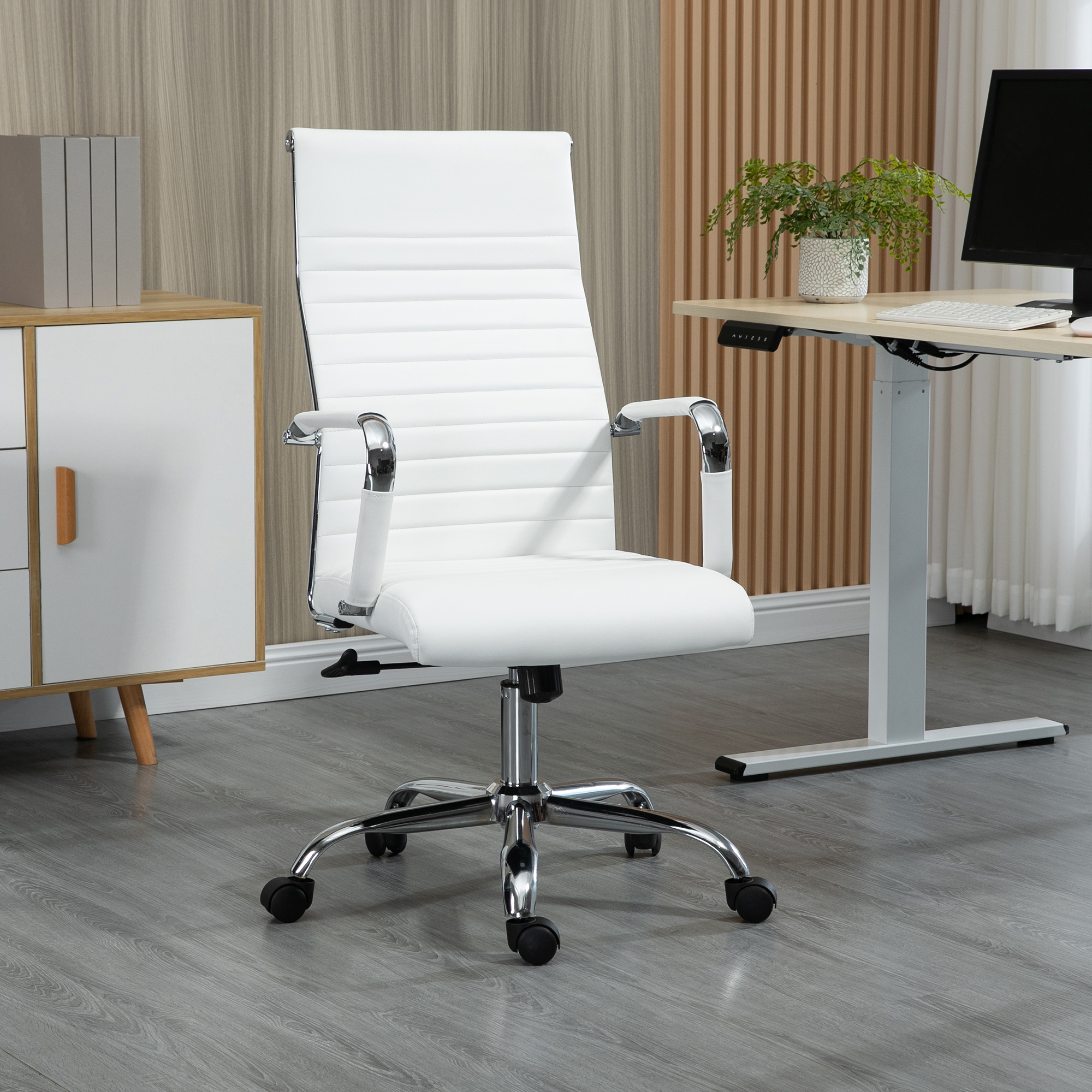 Bürostuhl ergonomischer Schreibtischstuhl mit Wippfunktion Chefsessel höhenverstellbarer Drehstuhl gepolstert Kunstleder Schaumstoff Weiß 54 x 62 x 104-114 cm