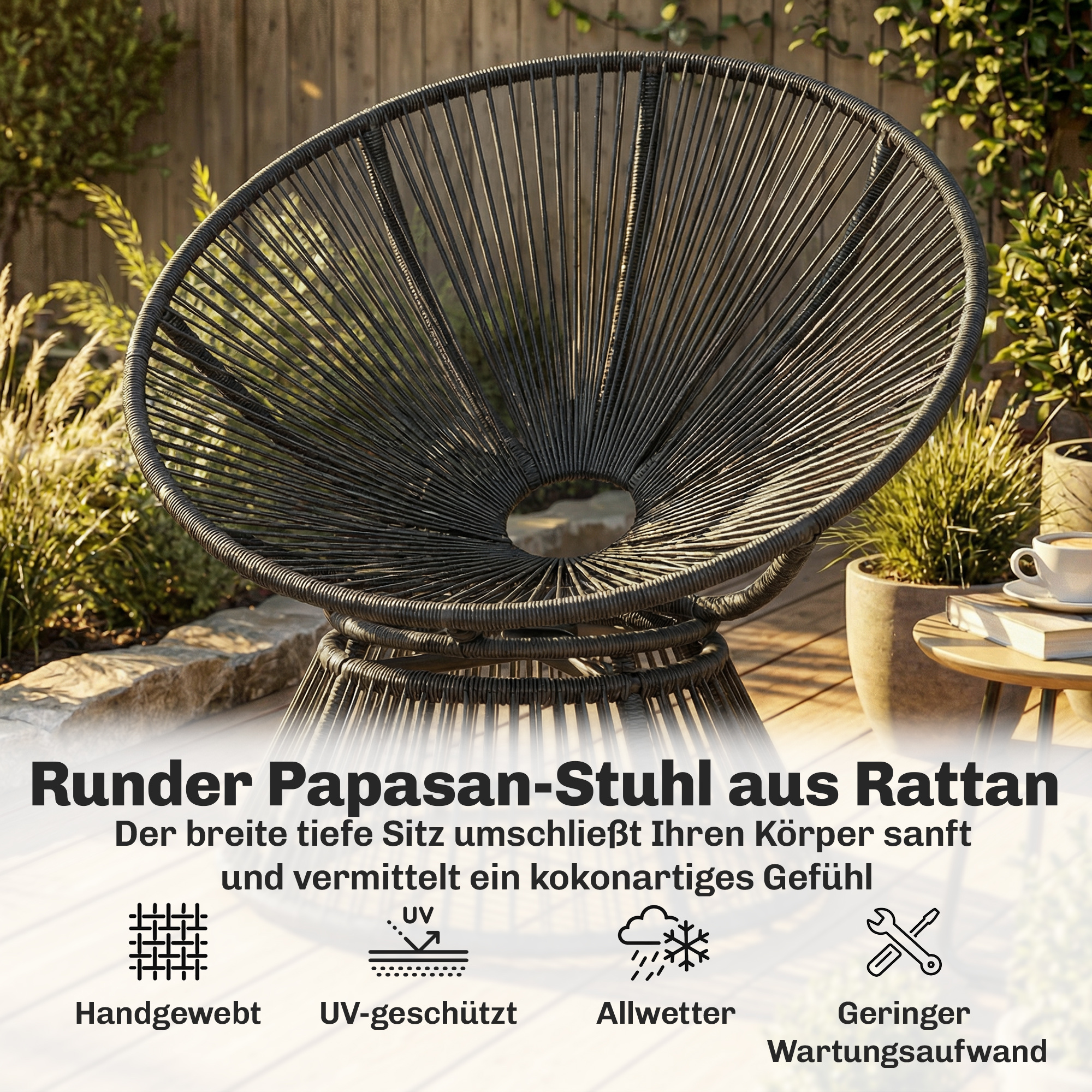 Papasansessel 360° drehbar Korbsessel mit Kissen Stahlrahmen runder Rattansessel Loungesessel Grau