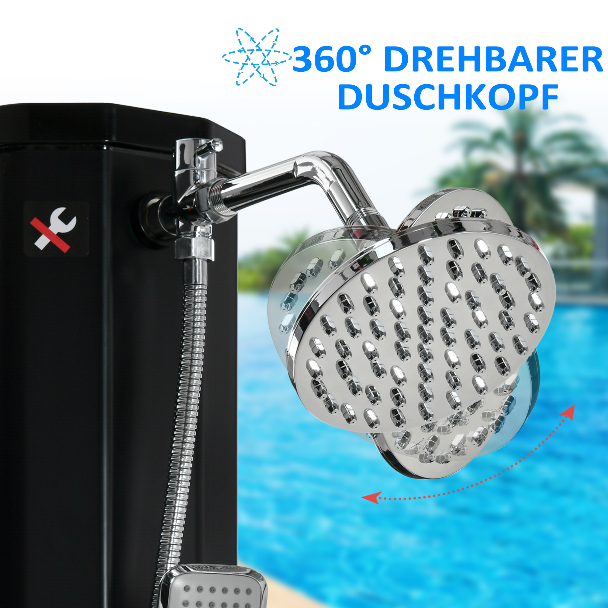 Solardusche 35 Liter 0-55 ? warmes Wasser Camping Pooldusche mit Wasserhahn und Regenduschkopf Schwarz 17,5 x 14,5 x 216 cm