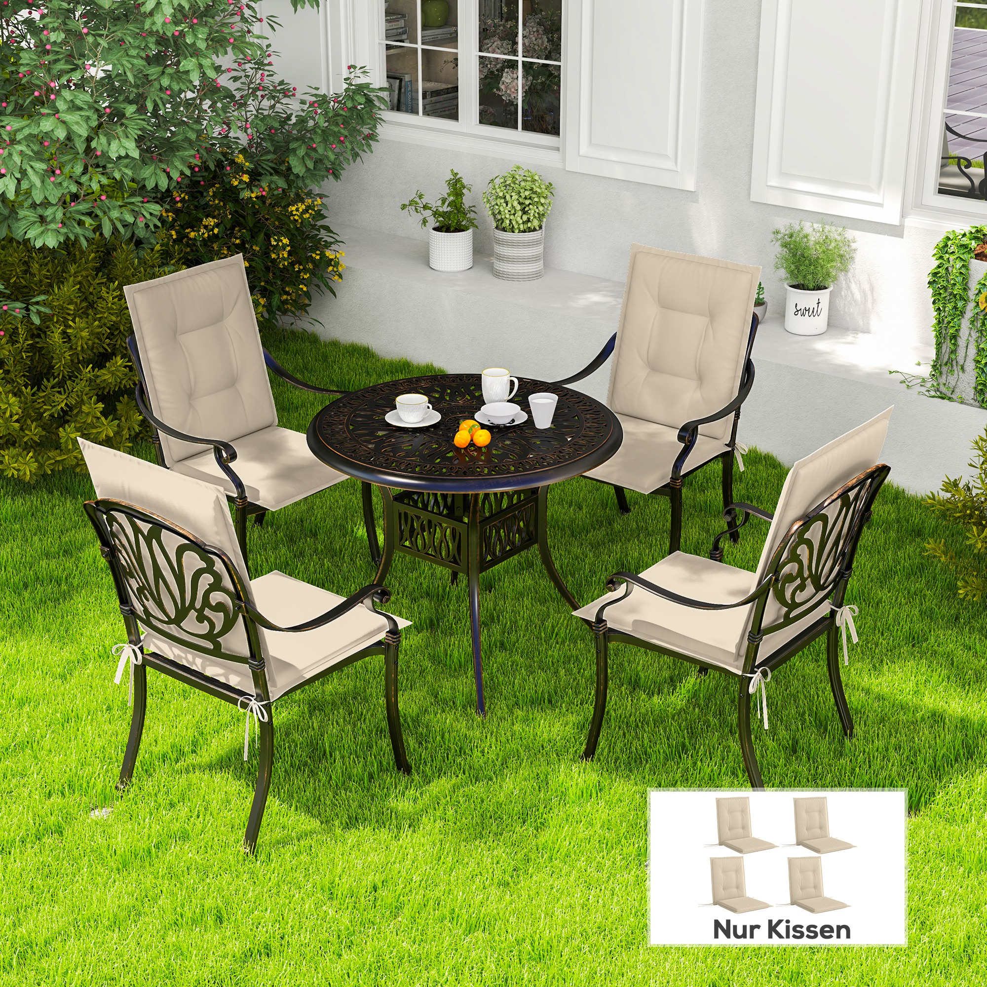 4er Set Sitzkissen 108 x 50 x 5 cm Stuhlkissen mit Bändern, Outdoor Indoor Sitzauflage Beige