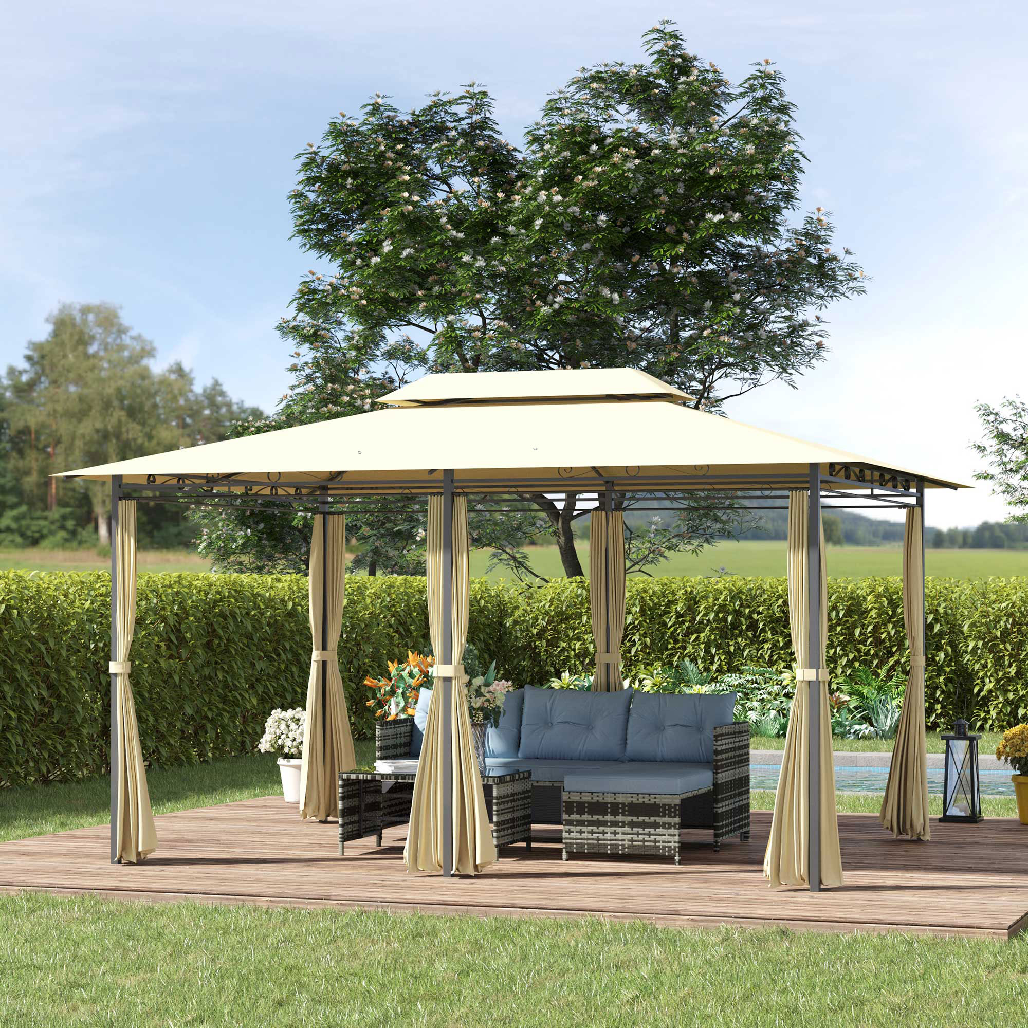 Pavillon 3x4m Gartenpavillon mit 6 Seitenteilen Partyzelt Gartenzelt Festzelt mit Doppeldach Beige+Schwarz