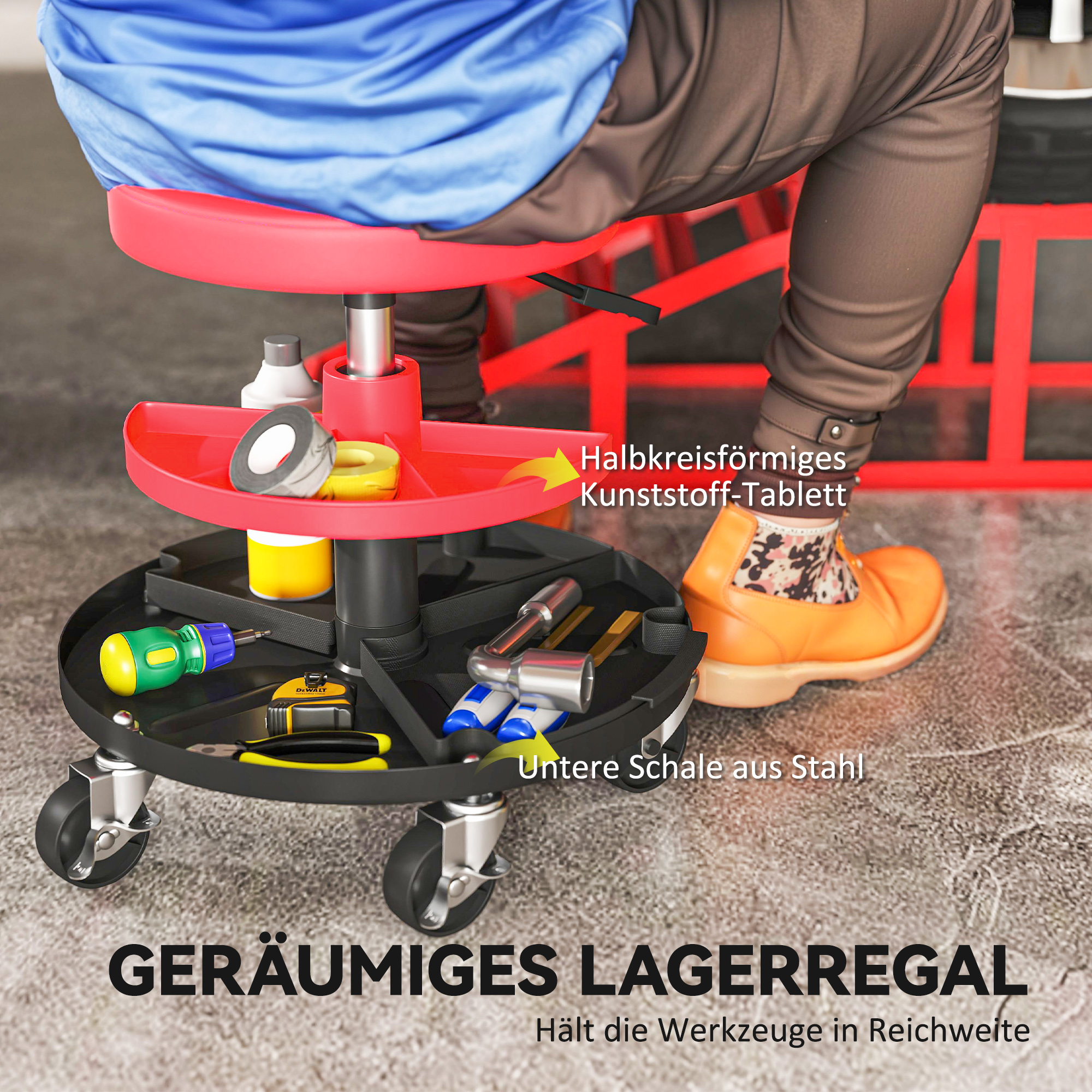 Werkstatthocker mit Rollen Tabletts höhenverstellbar 40-51cm Rollhocker bis 135 kg belastbar Rot
