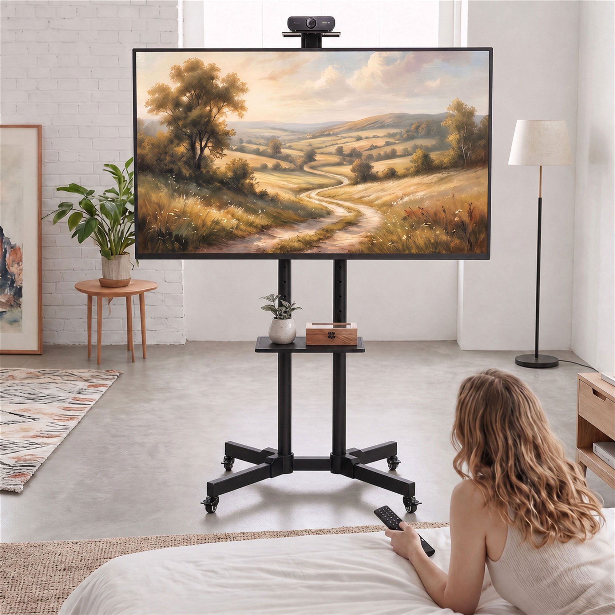 mobiler TV-Ständer auf Rollen für 32-75 Zoll, TV-Rollwagen neigbar, höhenverstellbar, mit Feststellrollen, Schwarz