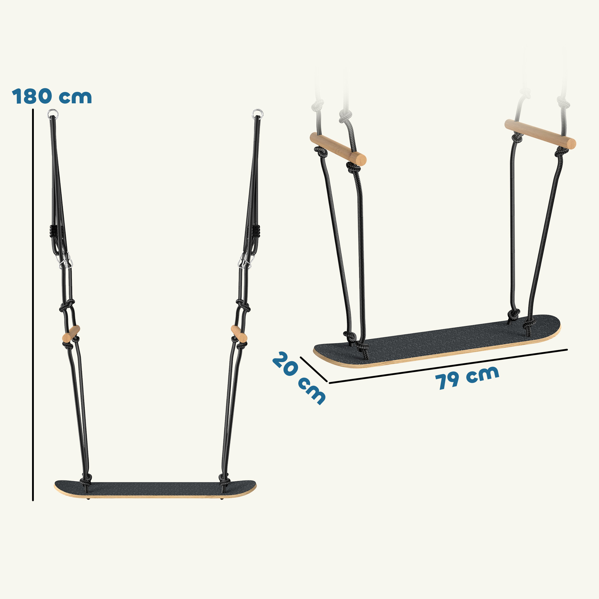 Skateboard Schaukel Kinderschaukel mit verstellbarer Höhe, rutschfestem Brett, wetterfestem Seil, Griffen Schwarz