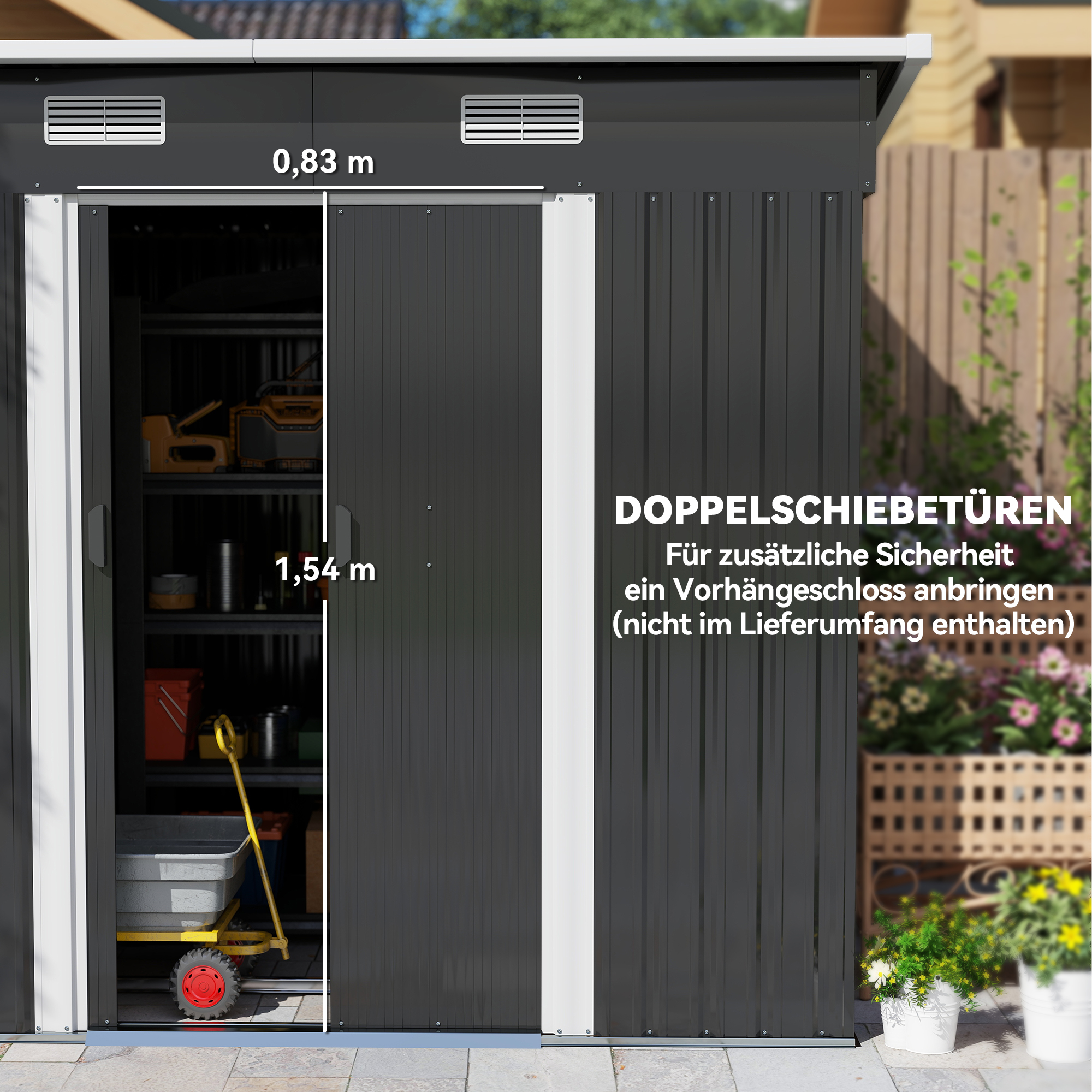 Gerätehaus Metall 2,3 m² 207 x 130 x 182 cm Geräteschuppen mit Pultdach Fenster Bodenrahmen Schwarz
