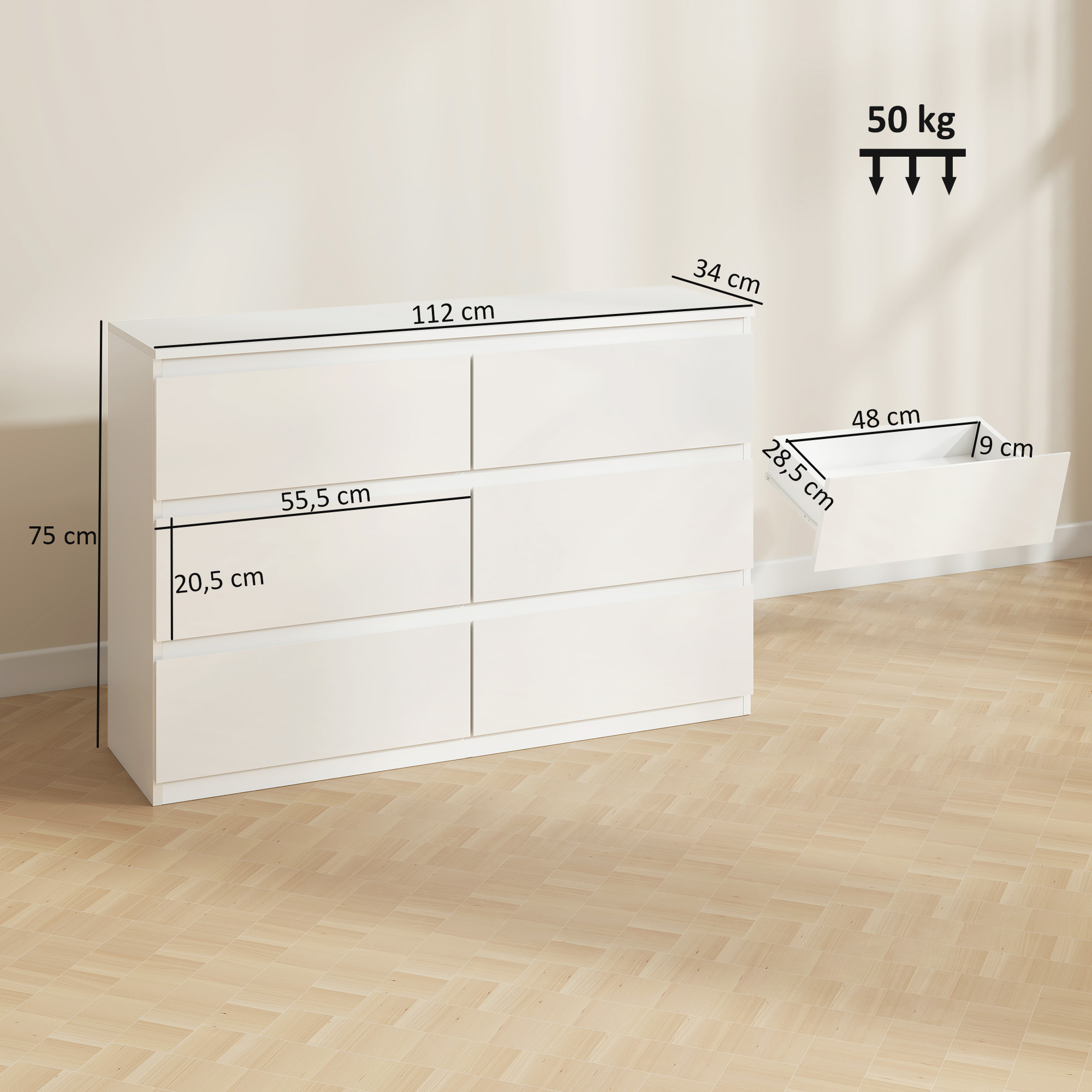Kommode mit 6 Schubladen, Moderne Aufbewahrungsmöbel für das Schlafzimmer, Weiß