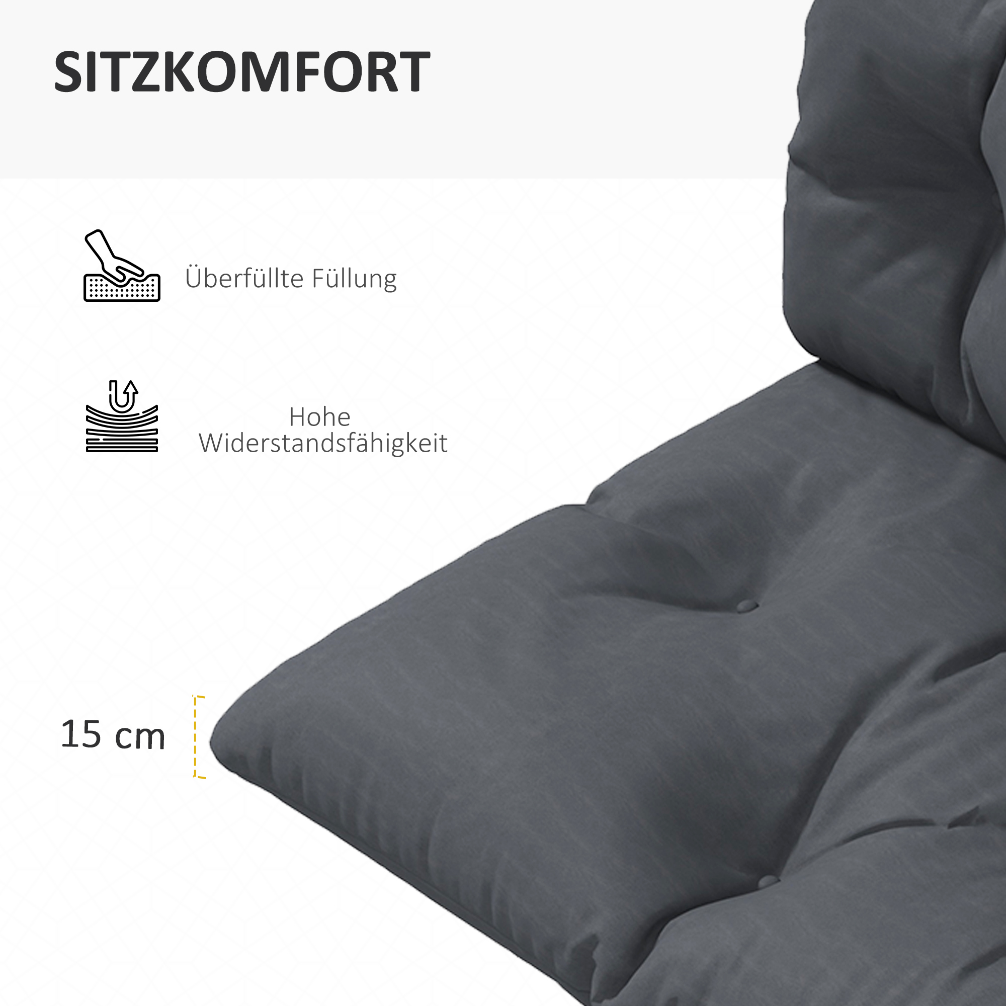 2 teilige Polsterauflage Gartenmöbelsitzkissen Sitzauflage, wetterbeständig, Knopfheftung, 120 x 60 x 15 cm, Grau