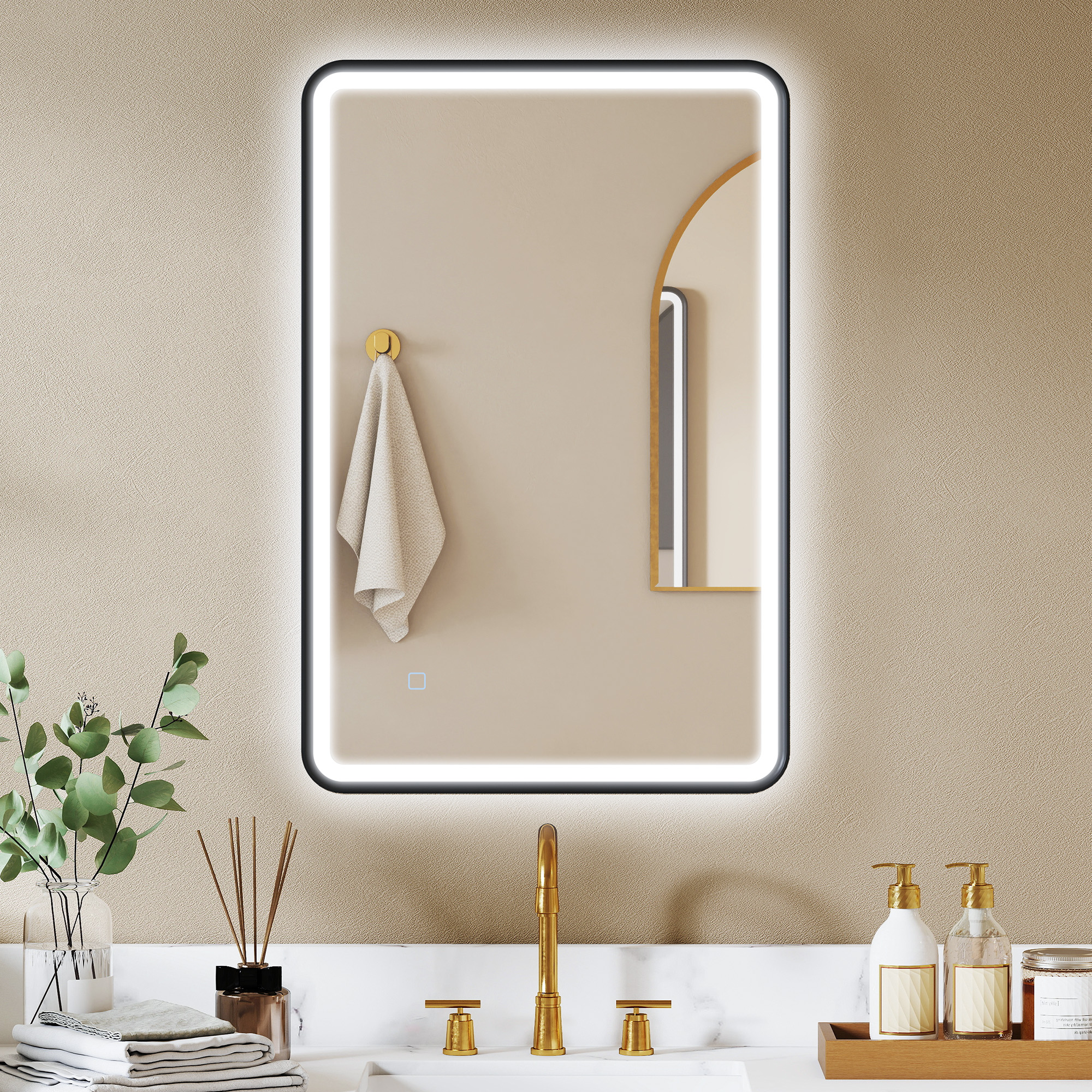 90 x 60 cm LED-Badezimmerspiegel, Lichter, 3 Farben, dimmbar, Memory-Funktion, horizontal und vertikal, Schwarz