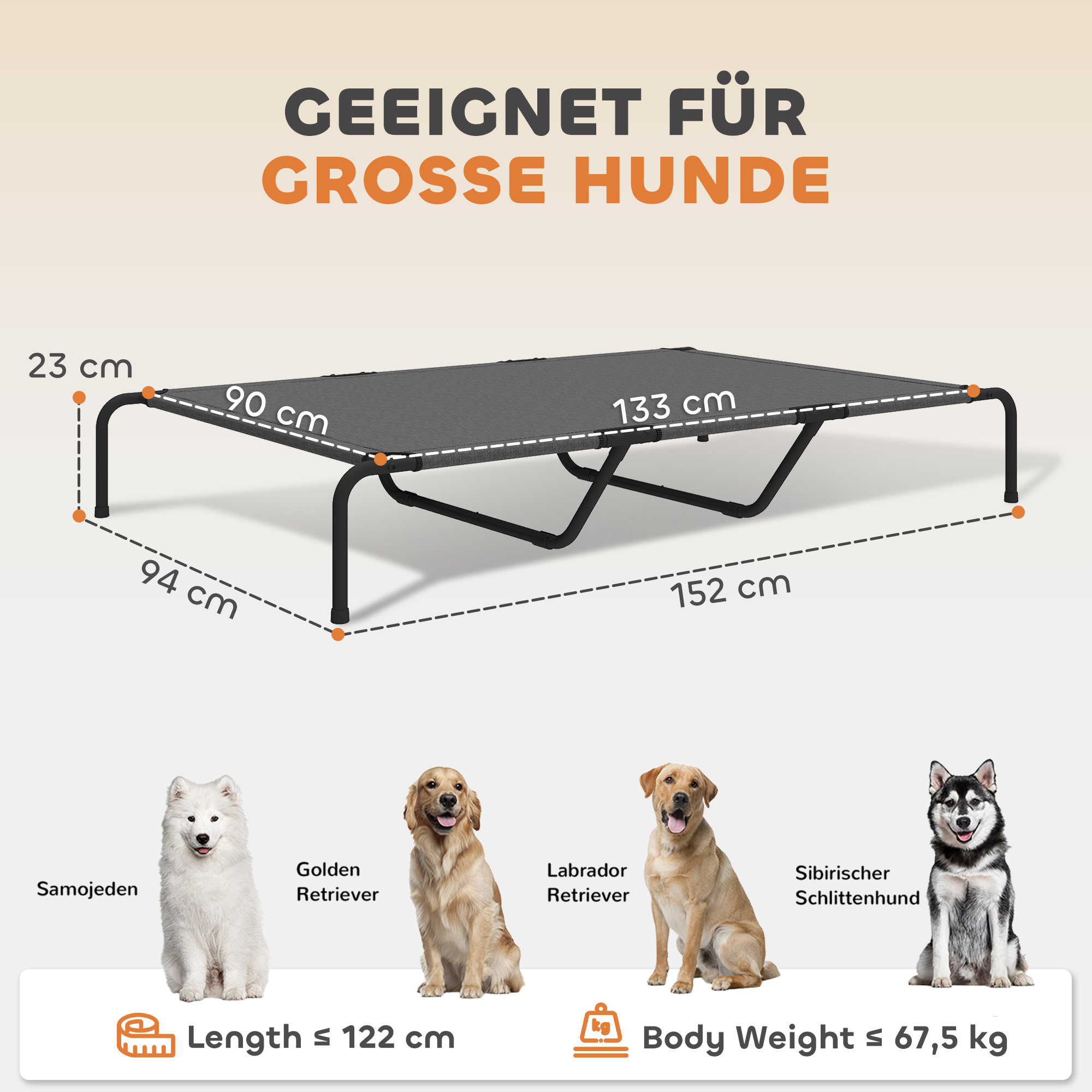 Hundeliege Outdoor, erhöhtes Hundebett für große Hunde, mit Waschbares Mesh Stahlrahmen, 152 x 94 x 23 cm, Grau