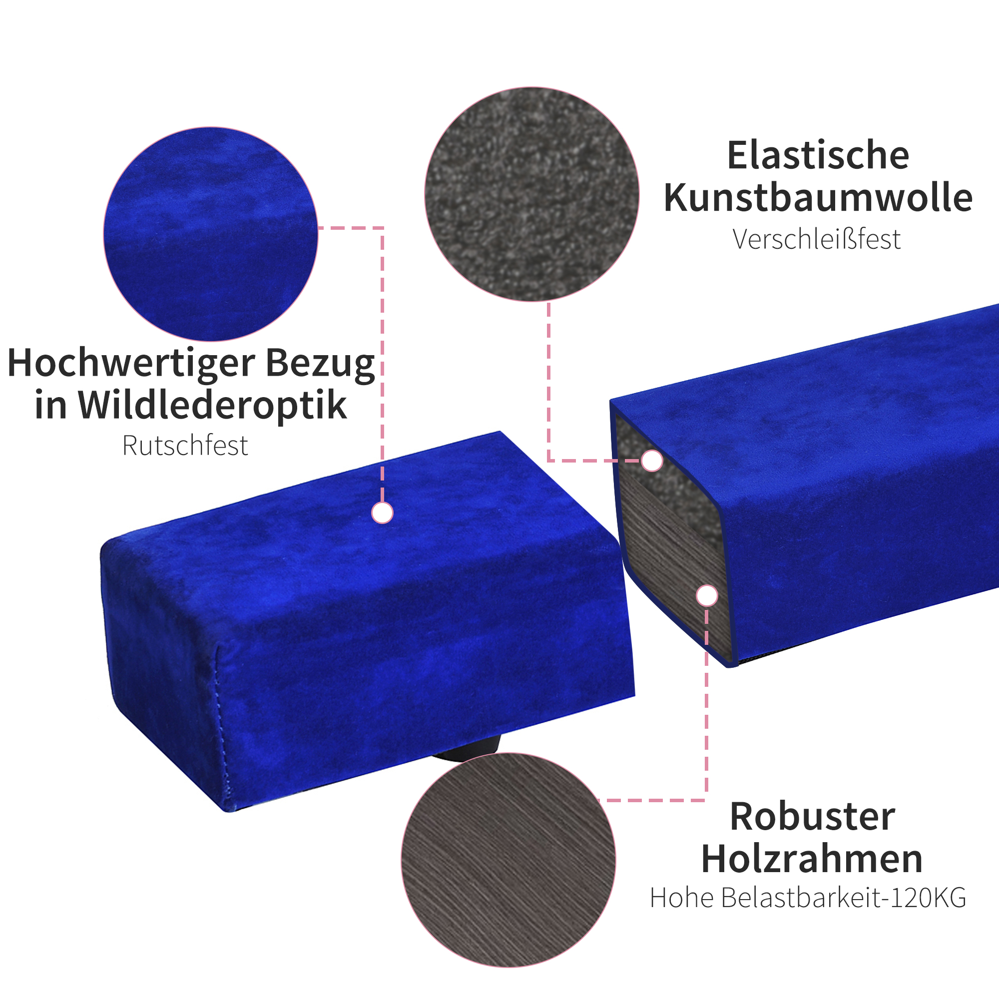 Faltbarer Schwebebalken, rutschfest, Wildlederbezug, robustes Holz, 210 x 10 x 6,5 cm, Blau