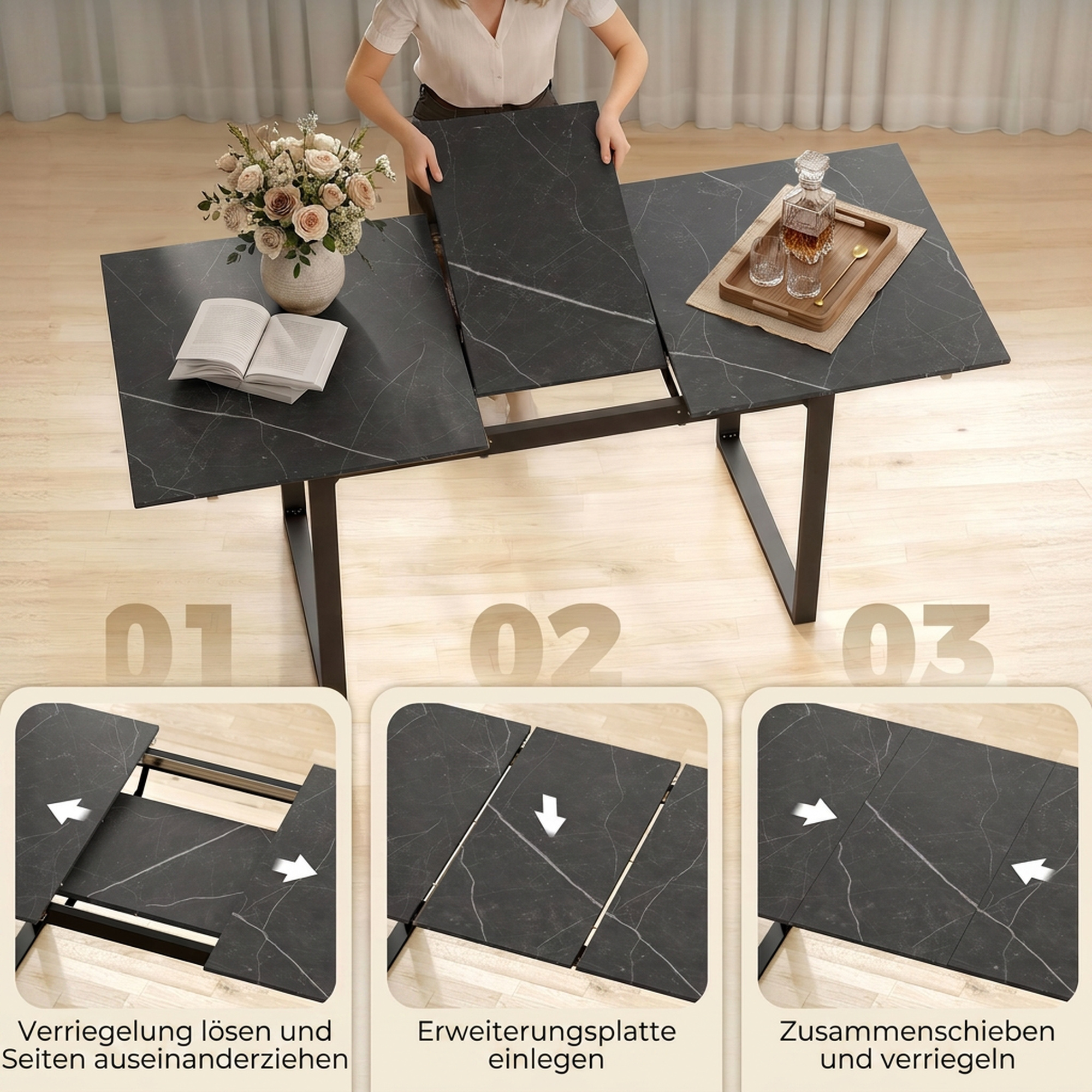 ausziehbarer Esstisch 140-180 cm für 6-8 Personen, rechteckig im Industrial-Design mit Stahlgestell, Schwarz