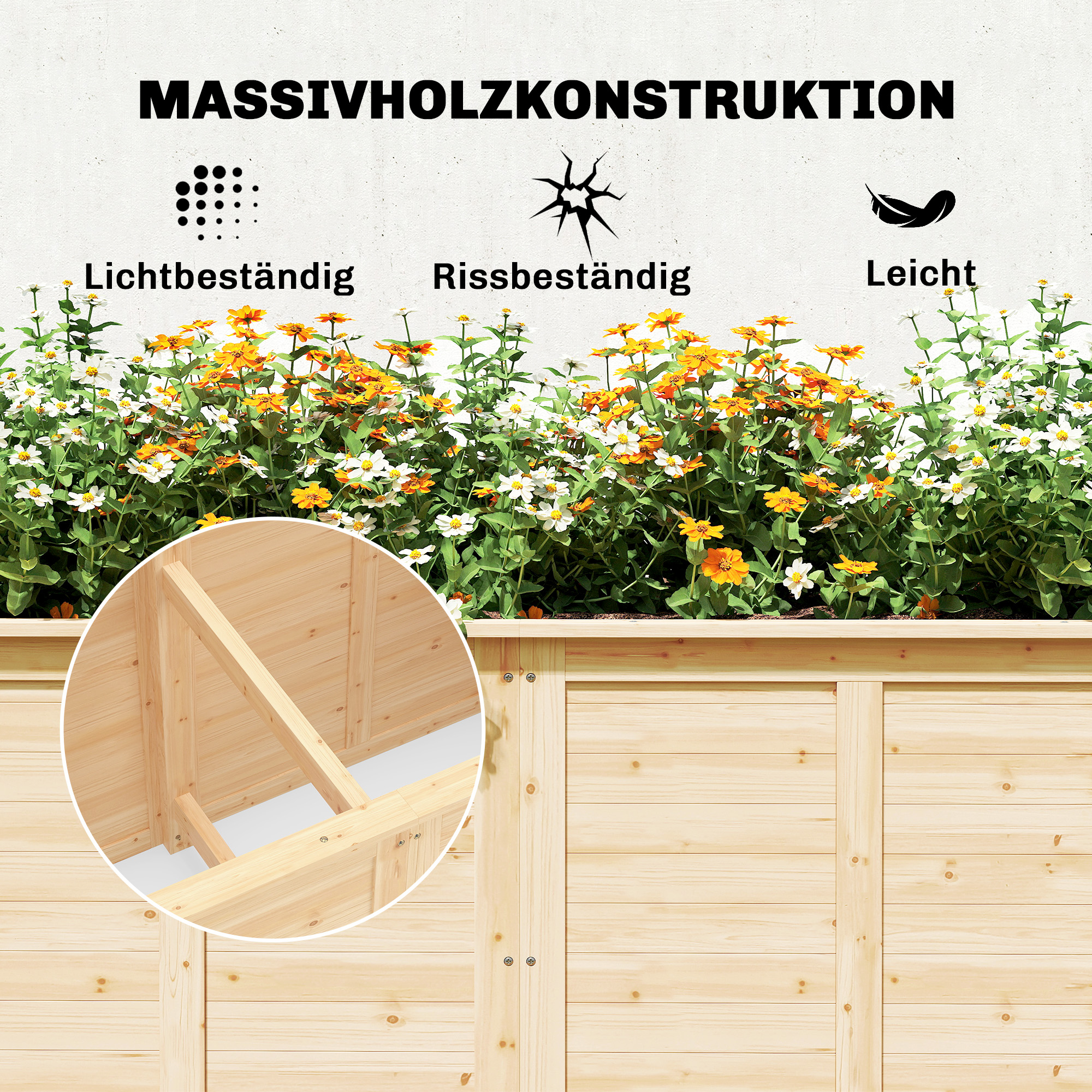 Hochbeet Holz 152 x 77 x 77 cm erhöhtes Tief Kräuterbeet mit Offenem Boden Verstärkungsstangen