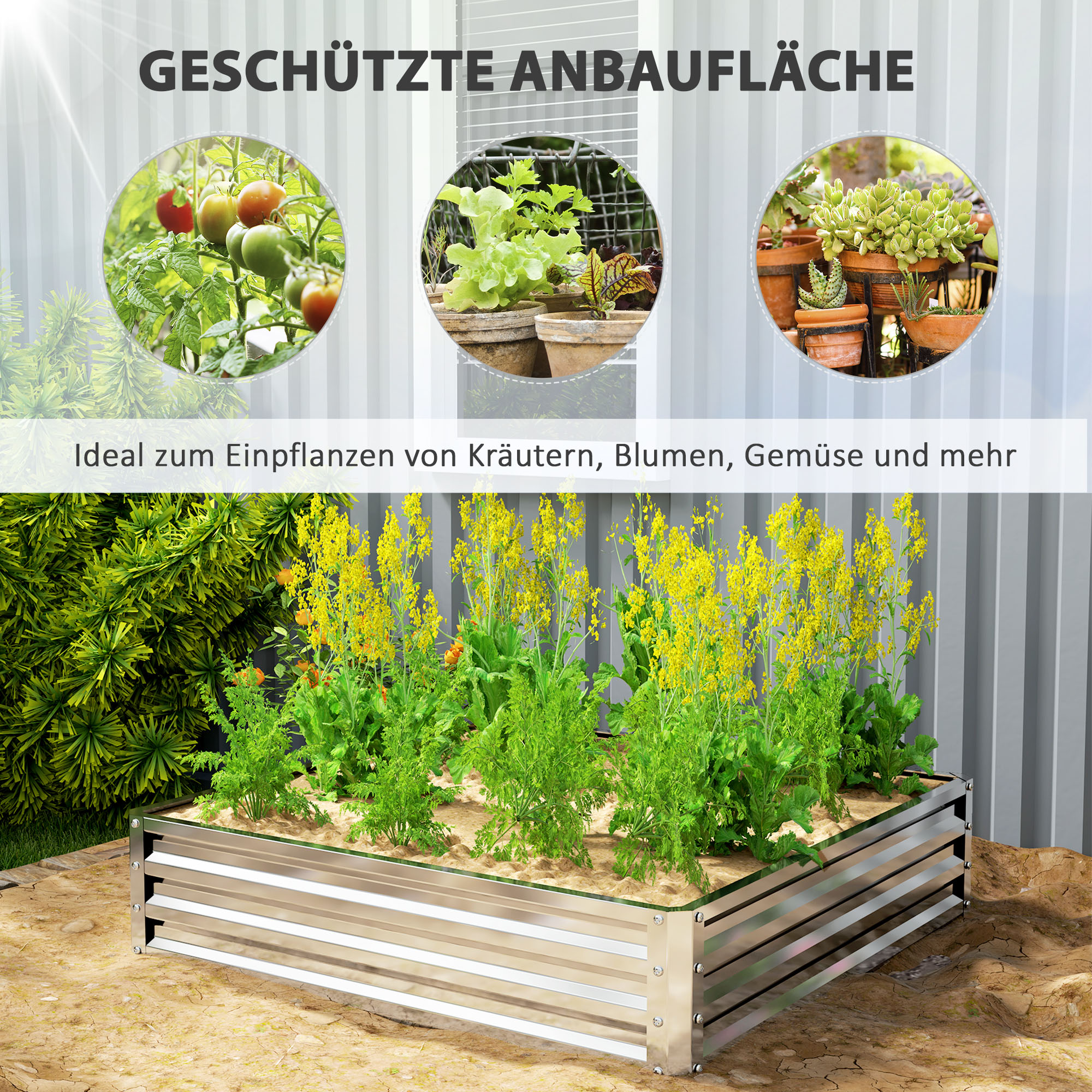 Gartenbeet, Pflanzkasten mit Stahlgehäuse, Silber, 120 x 120 x 30 cm