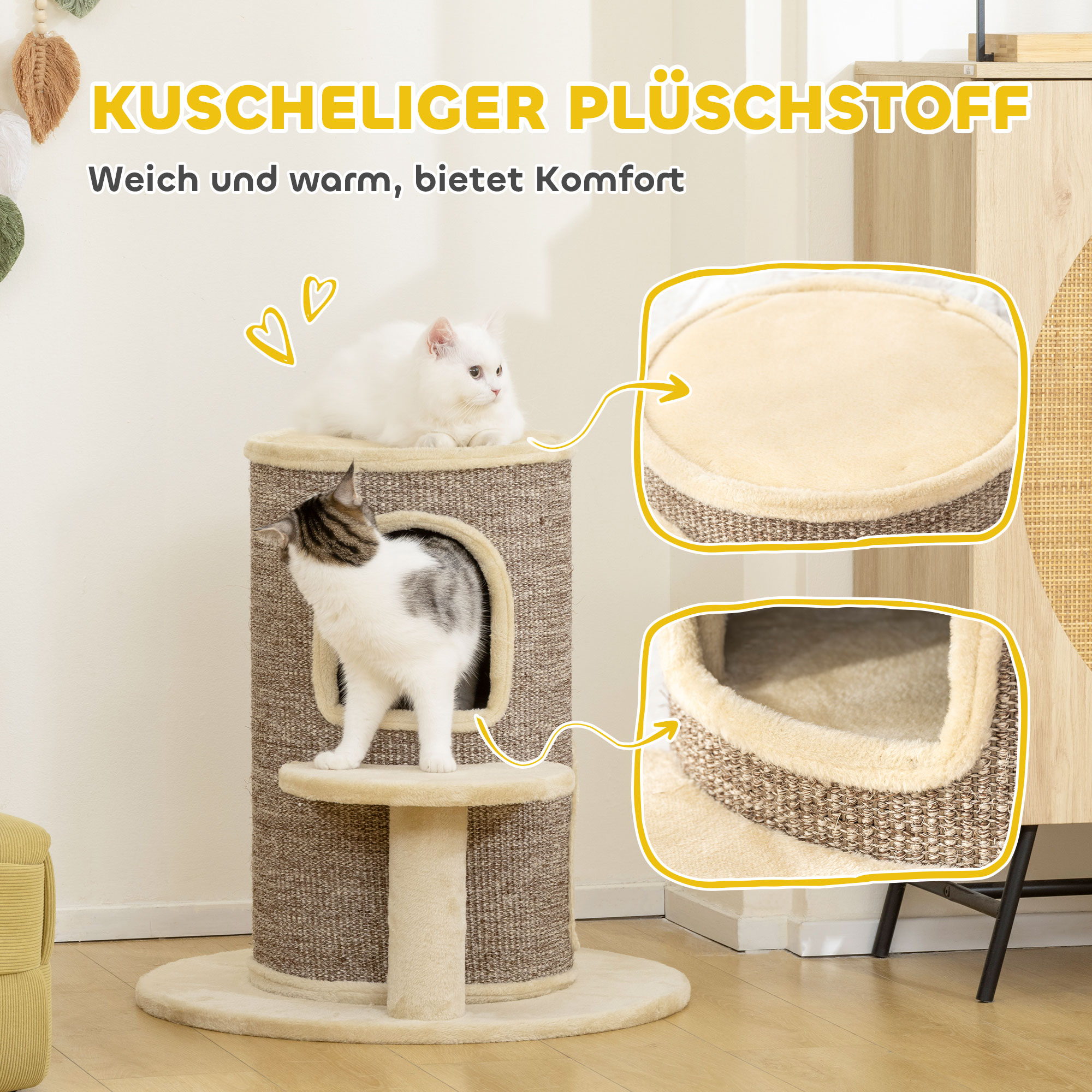 Katzenfass, Kratzbaum mit 2 Ebenen, Sprungplattform, Aussichtspunkt, Kratzmatte, zum Ausruhen und Spielen, Beige